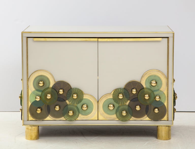 Hand-Crafted Pair of Brass and Ivory Murano Glass with Glass Discs Sideboards, Italy For Sale
