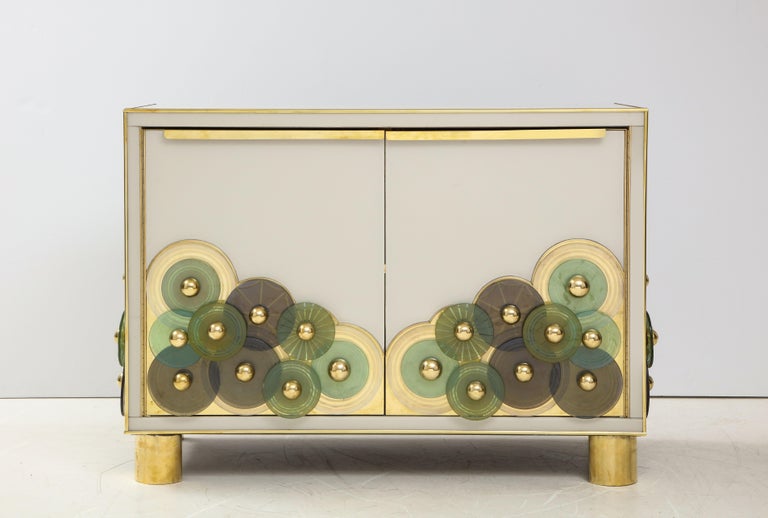 Pair of Brass and Ivory Murano Glass with Glass Discs Sideboards, Italy For Sale 2