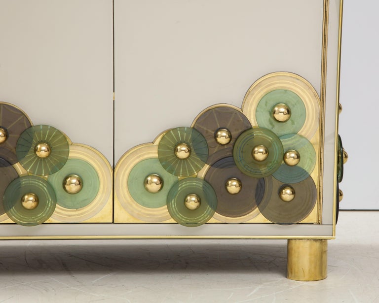 Pair of Brass and Ivory Murano Glass with Glass Discs Sideboards, Italy For Sale 3