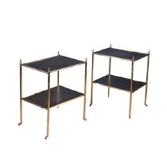 Pair of Brass and Leather Etagere End Tables