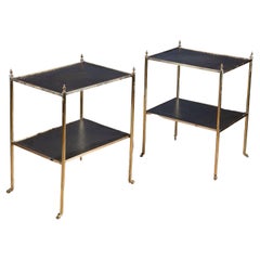 Pair of Brass and Leather Etagere End Tables