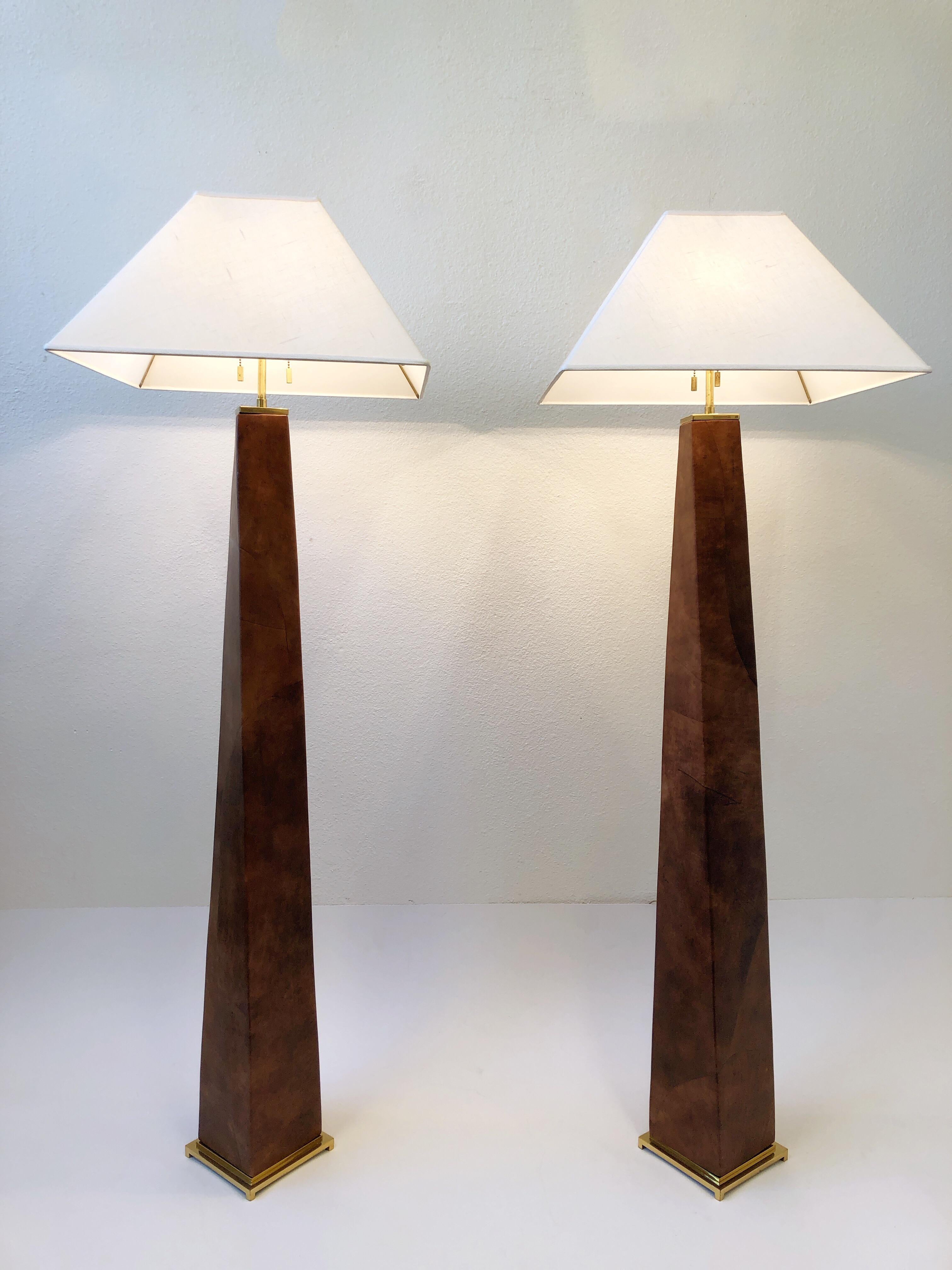 Modern Pair of Brass and Leather Floor Lamps by Karl Springer