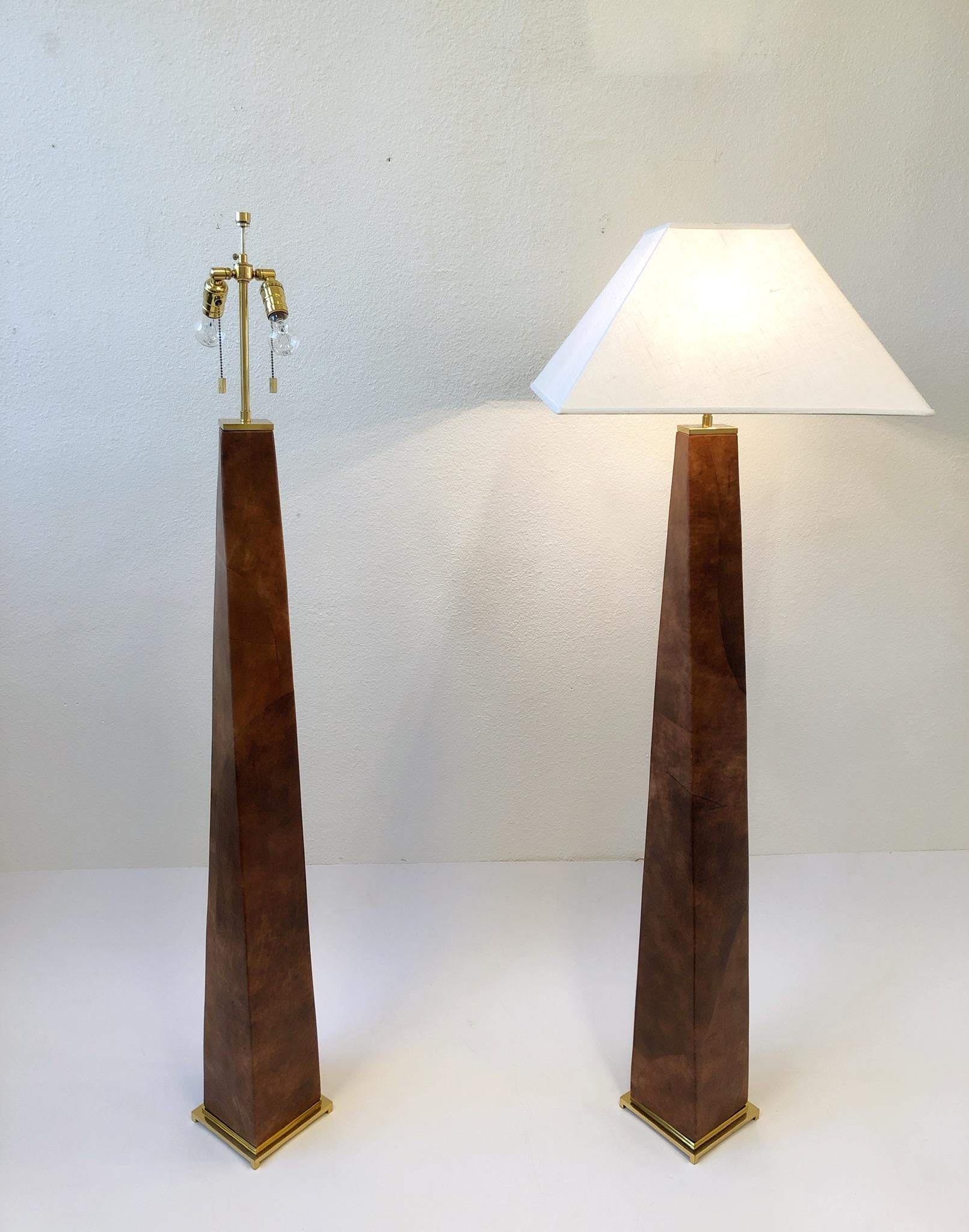 American Pair of Brass and Leather Floor Lamps by Karl Springer