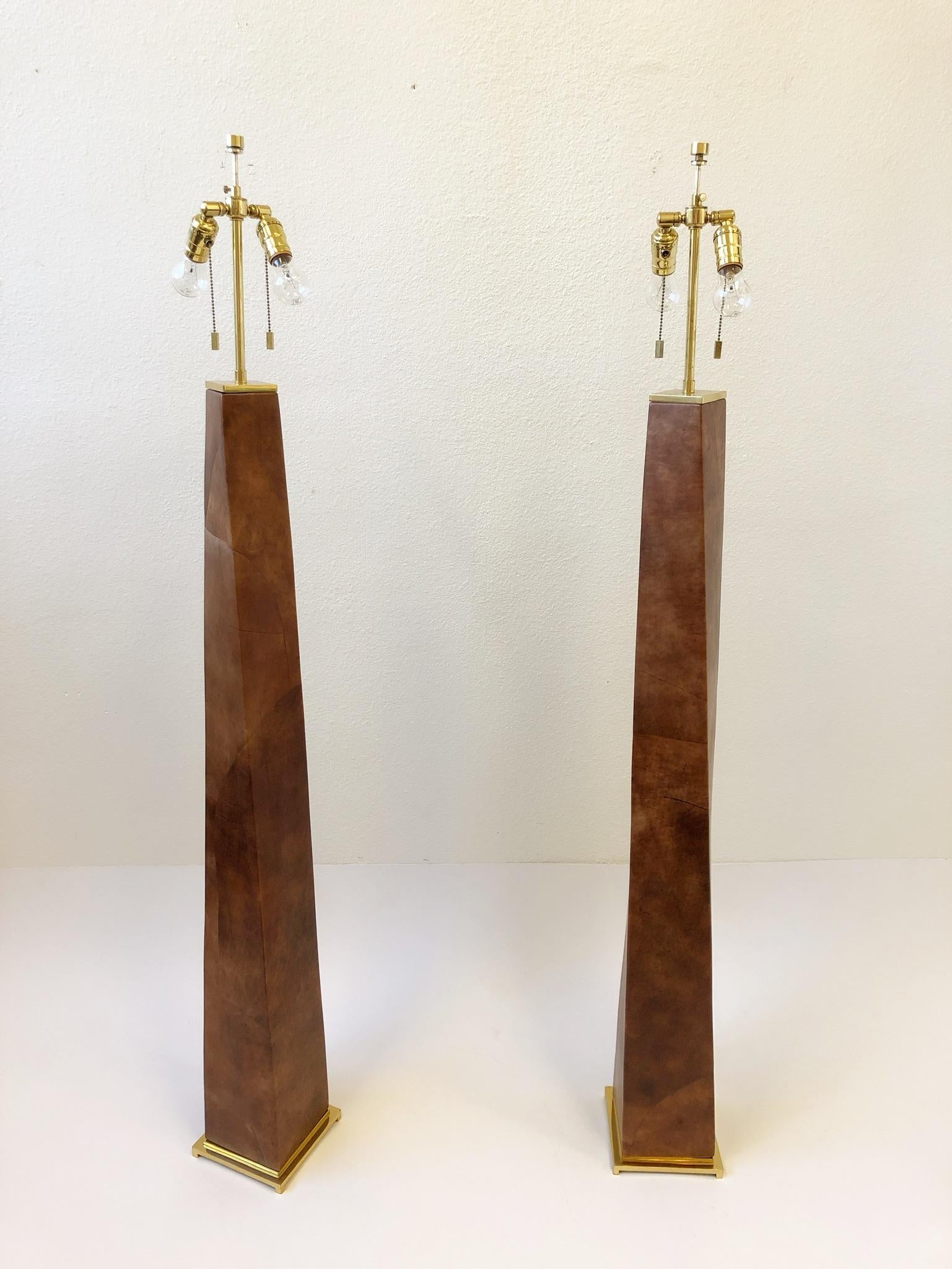 Polished Pair of Brass and Leather Floor Lamps by Karl Springer