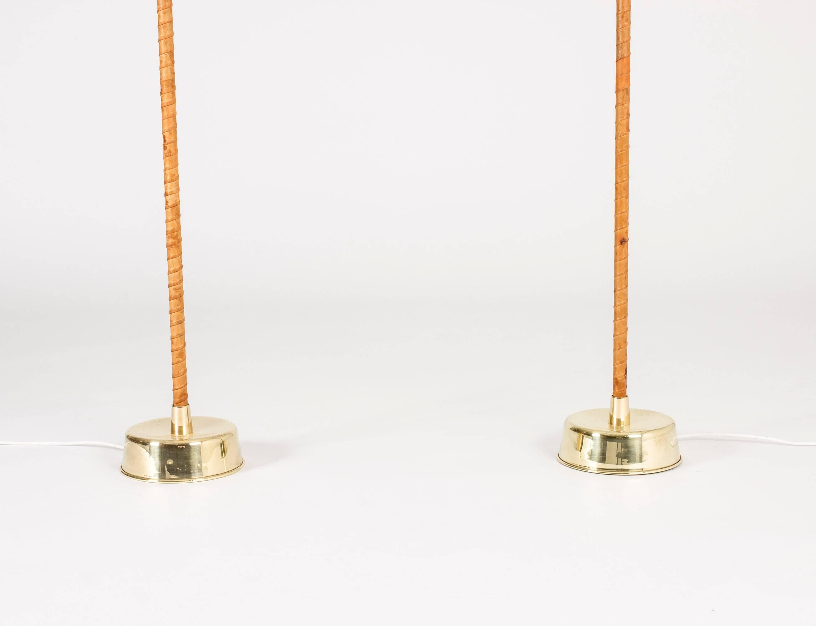 Scandinavian Modern Pair of Brass and Leather Floor Lamps by Lisa Johansson-Pape