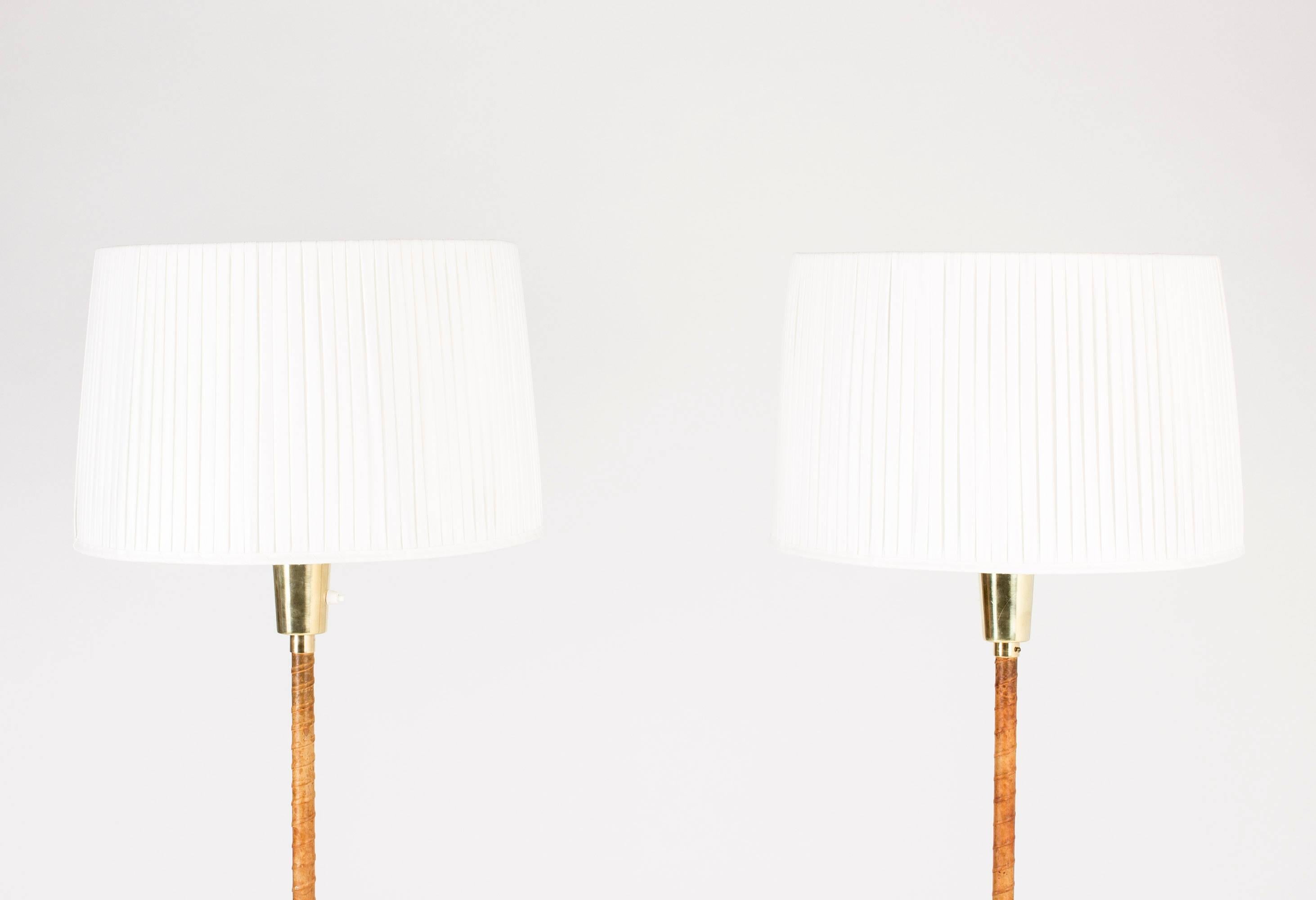 Finnish Pair of Brass and Leather Floor Lamps by Lisa Johansson-Pape