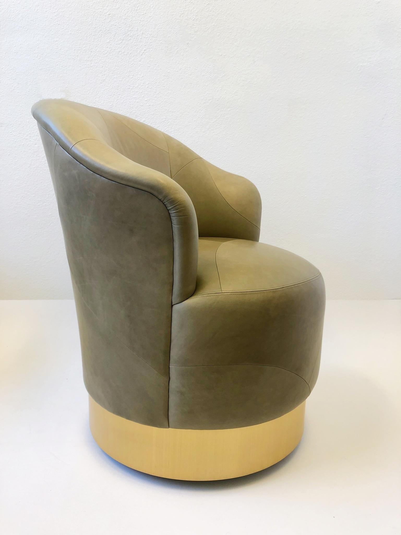 Modern Pair of Brass and Leather Swivel Chairs by J. Robert Scott For Sale