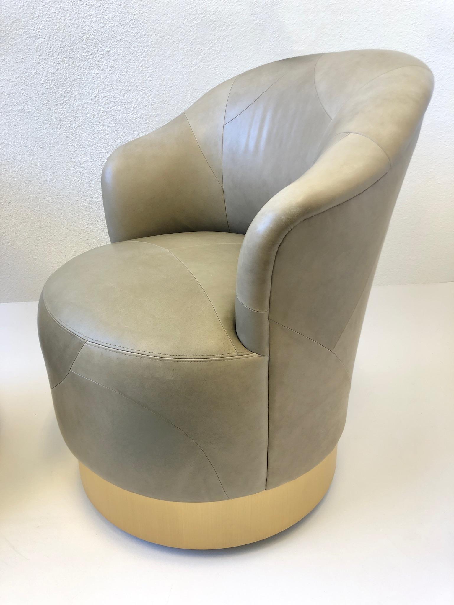 Pair of Brass and Leather Swivel Chairs by J. Robert Scott In Good Condition For Sale In Palm Springs, CA