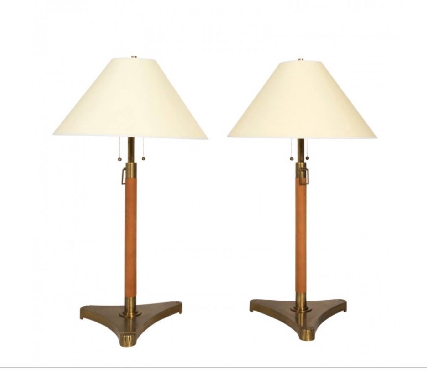 Cast Pair of Brass and Leather Wrapped Extendable Table Lamps, Manner of Adnet