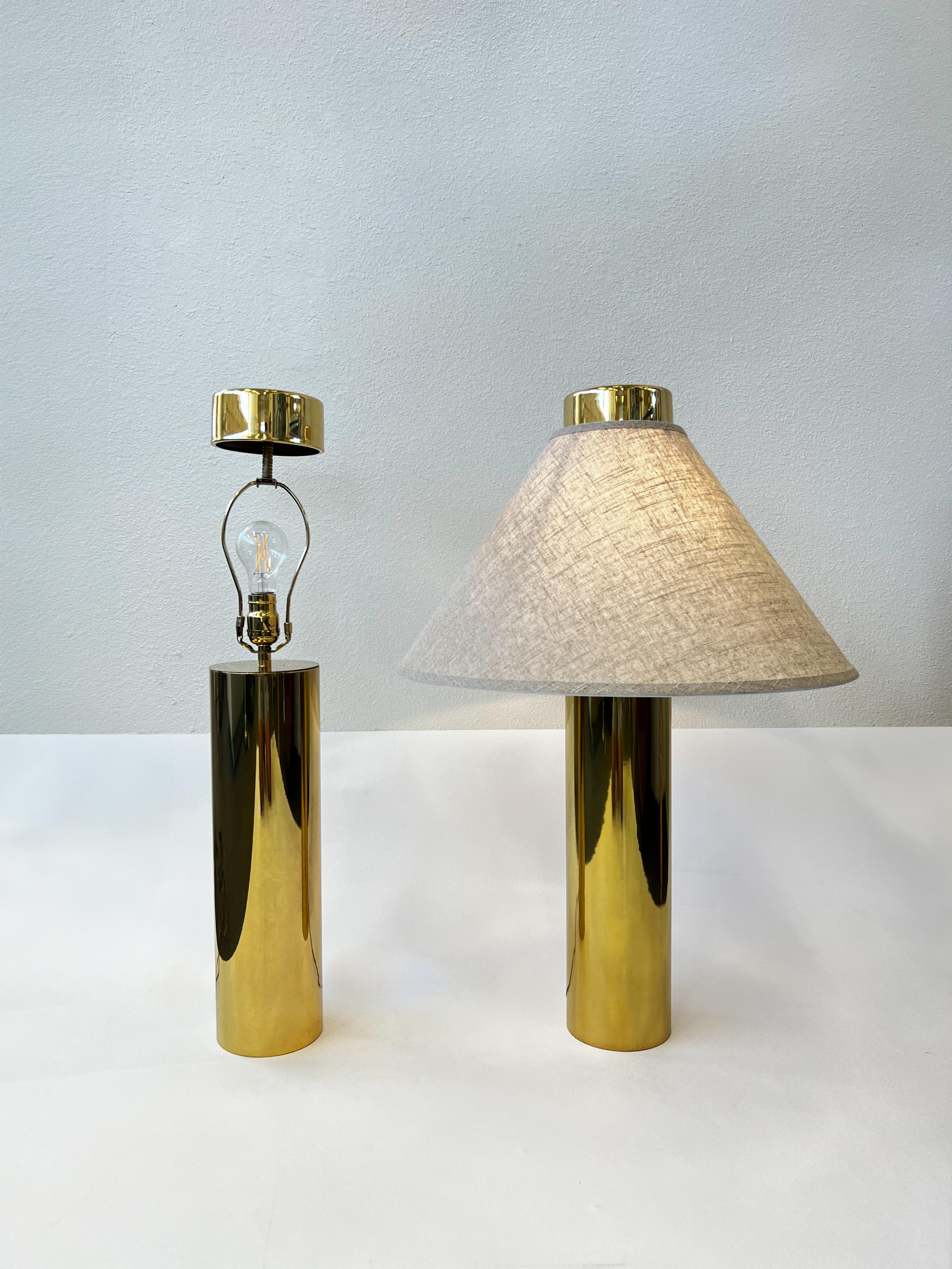 Modern Pair of Brass and Linen Table Lamps in the Attributed to Laurel Lamp Co.