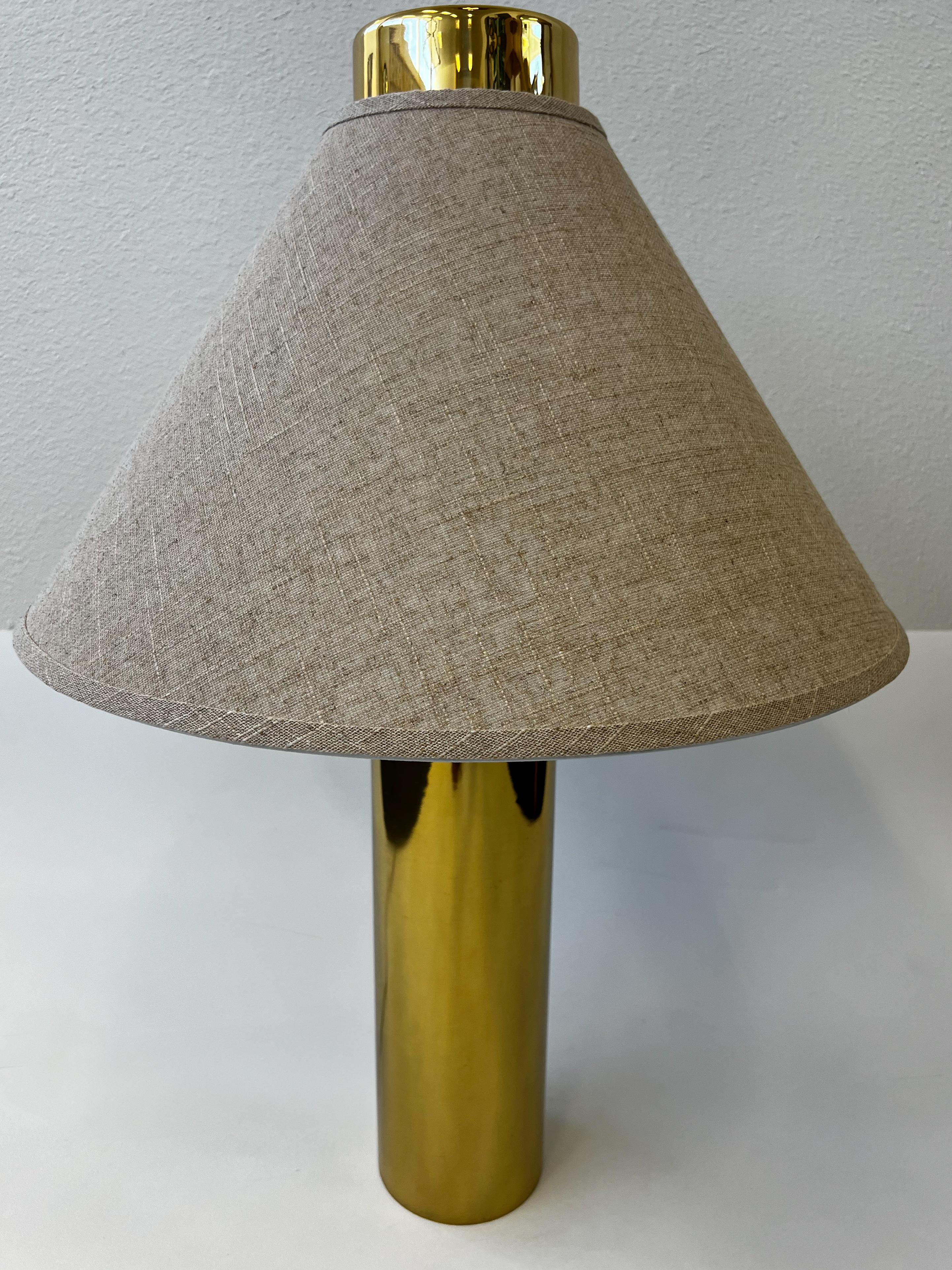 American Pair of Brass and Linen Table Lamps in the Attributed to Laurel Lamp Co.