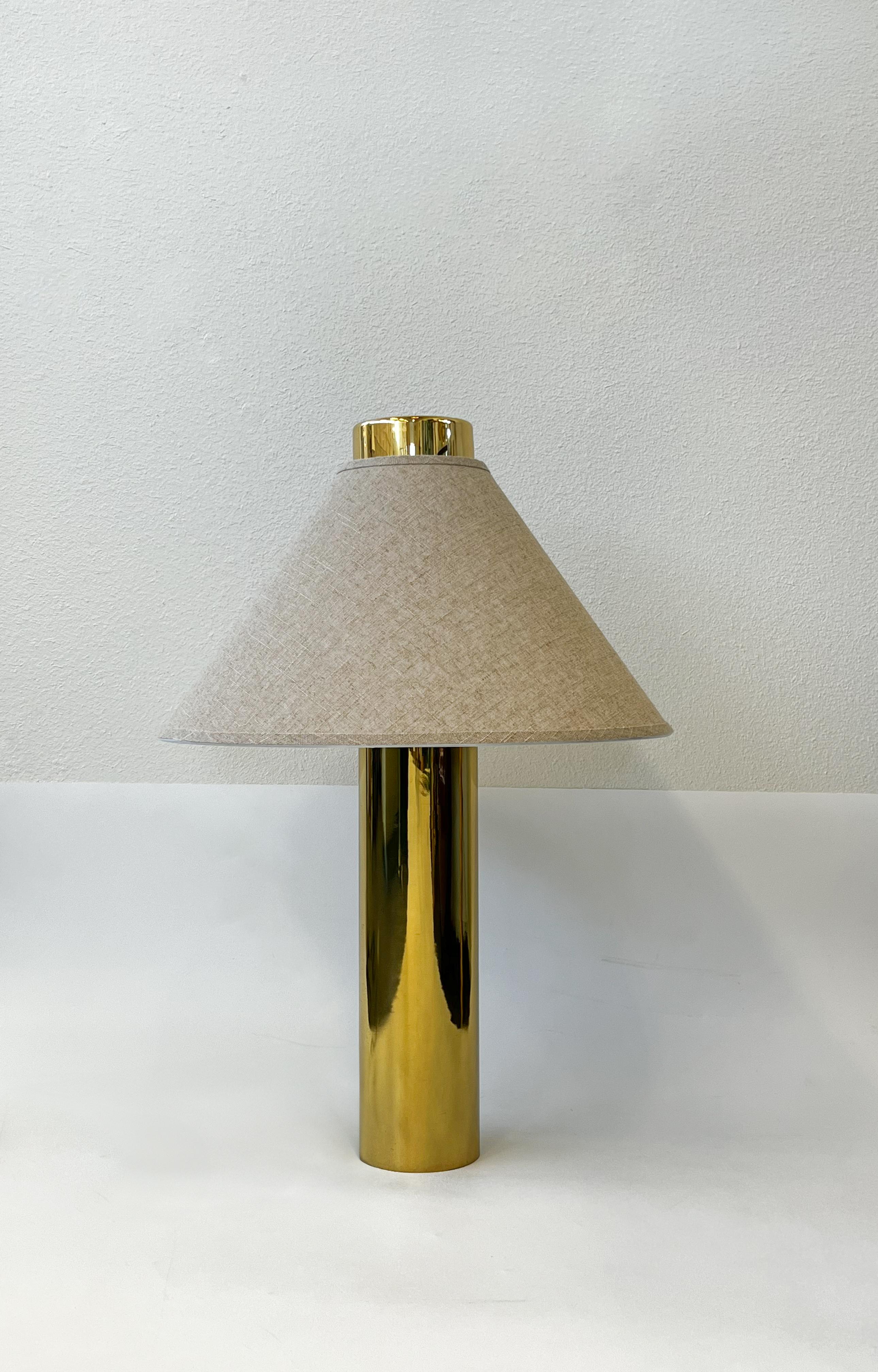 Polished Pair of Brass and Linen Table Lamps in the Attributed to Laurel Lamp Co.