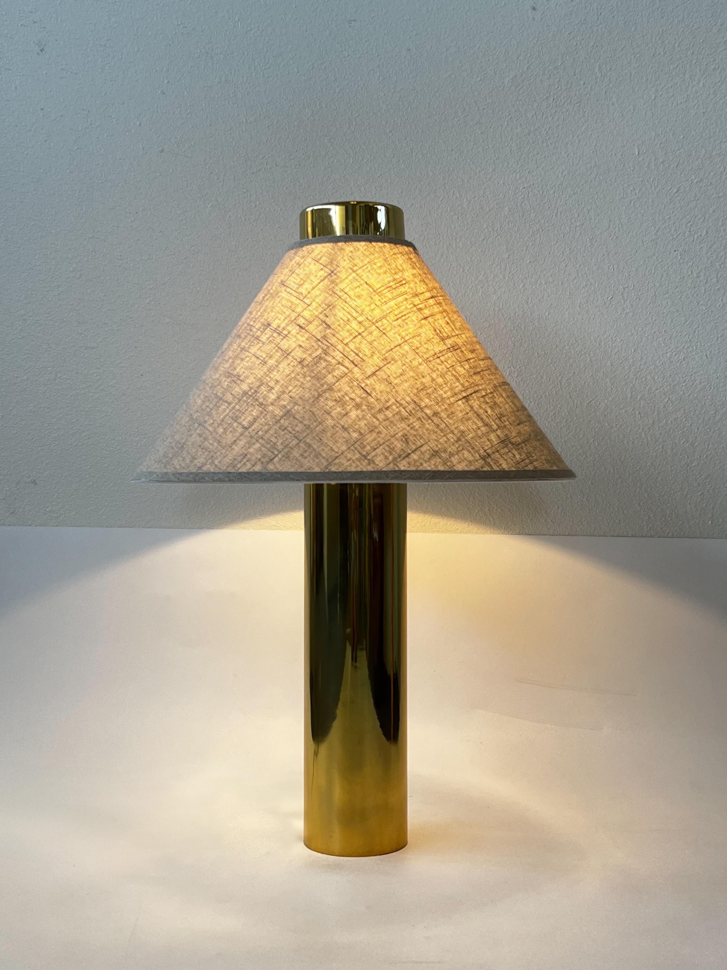 Pair of Brass and Linen Table Lamps in the Attributed to Laurel Lamp Co. In Good Condition In Palm Springs, CA