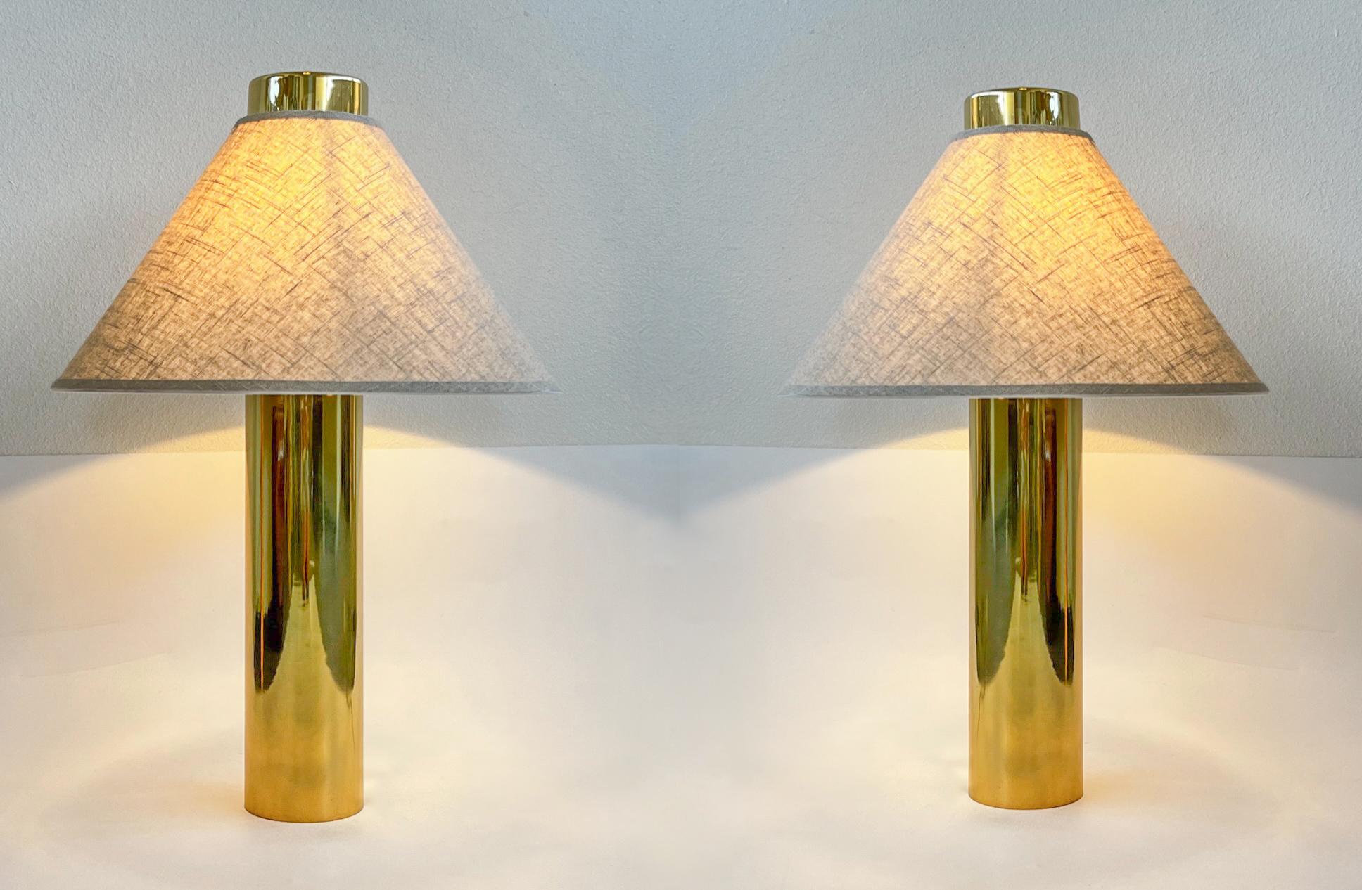 Late 20th Century Pair of Brass and Linen Table Lamps in the Attributed to Laurel Lamp Co.