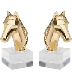 Vintage Pair of Brass and Lucite Horse Head Bookends