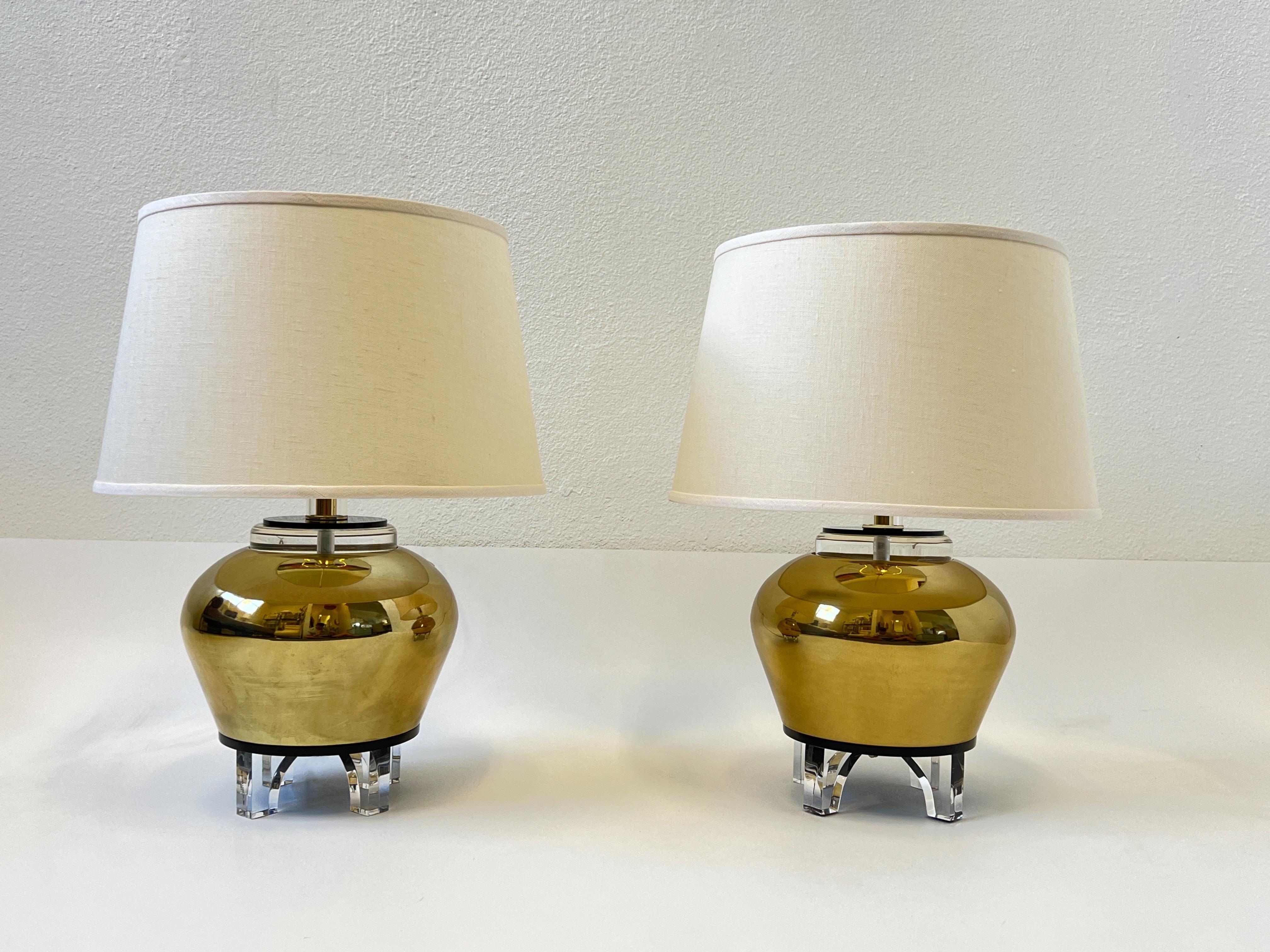 American Pair of Brass and Lucite Table Lamps by Bauer Lamp Co For Sale