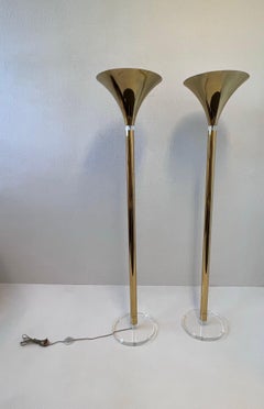 Pair of Brass and Lucite Torchieres Floor Lamps
