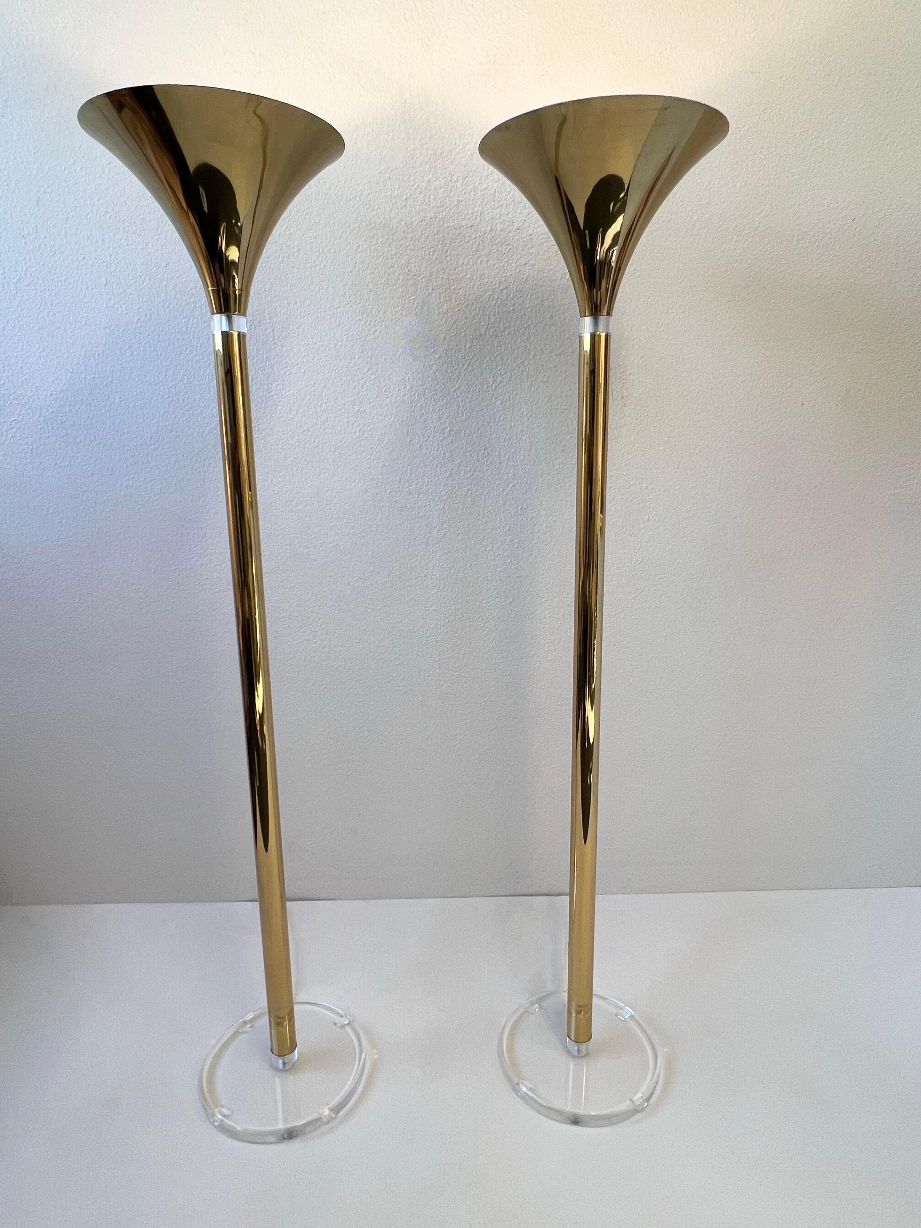 Modern Pair of Brass and Lucite Torchieres Floor Lamps   For Sale