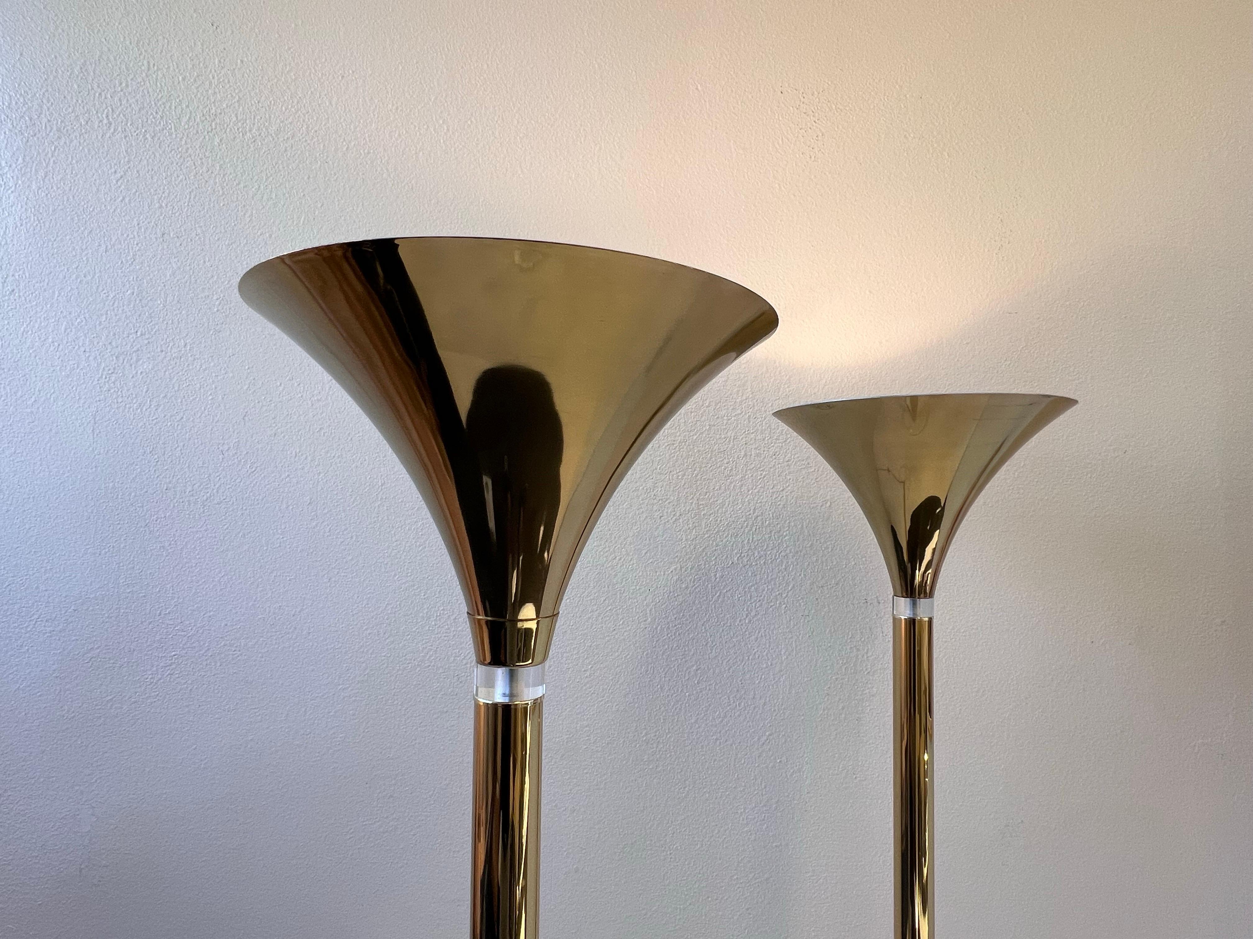 American Pair of Brass and Lucite Torchieres Floor Lamps   For Sale