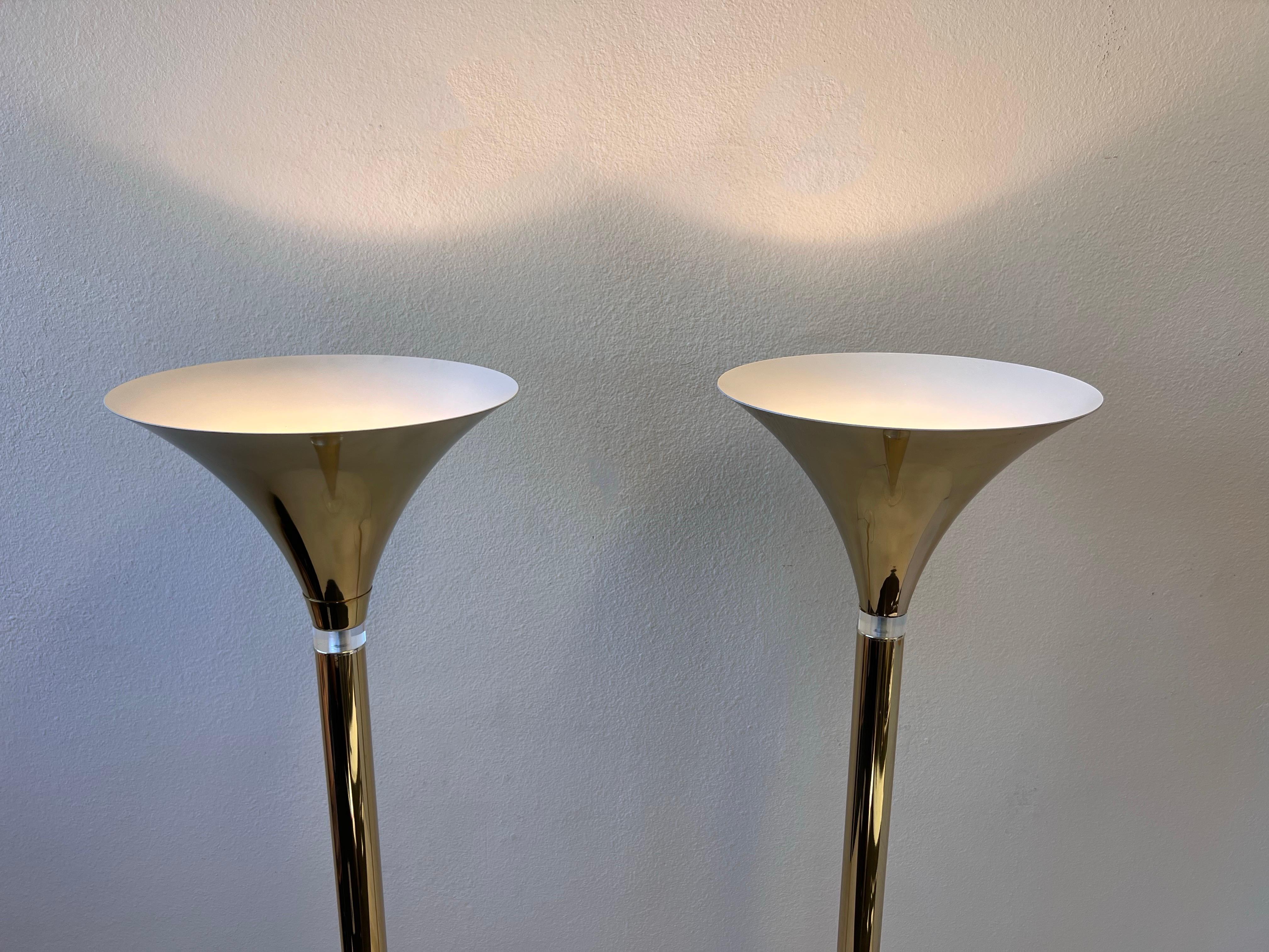 Polished Pair of Brass and Lucite Torchieres Floor Lamps   For Sale