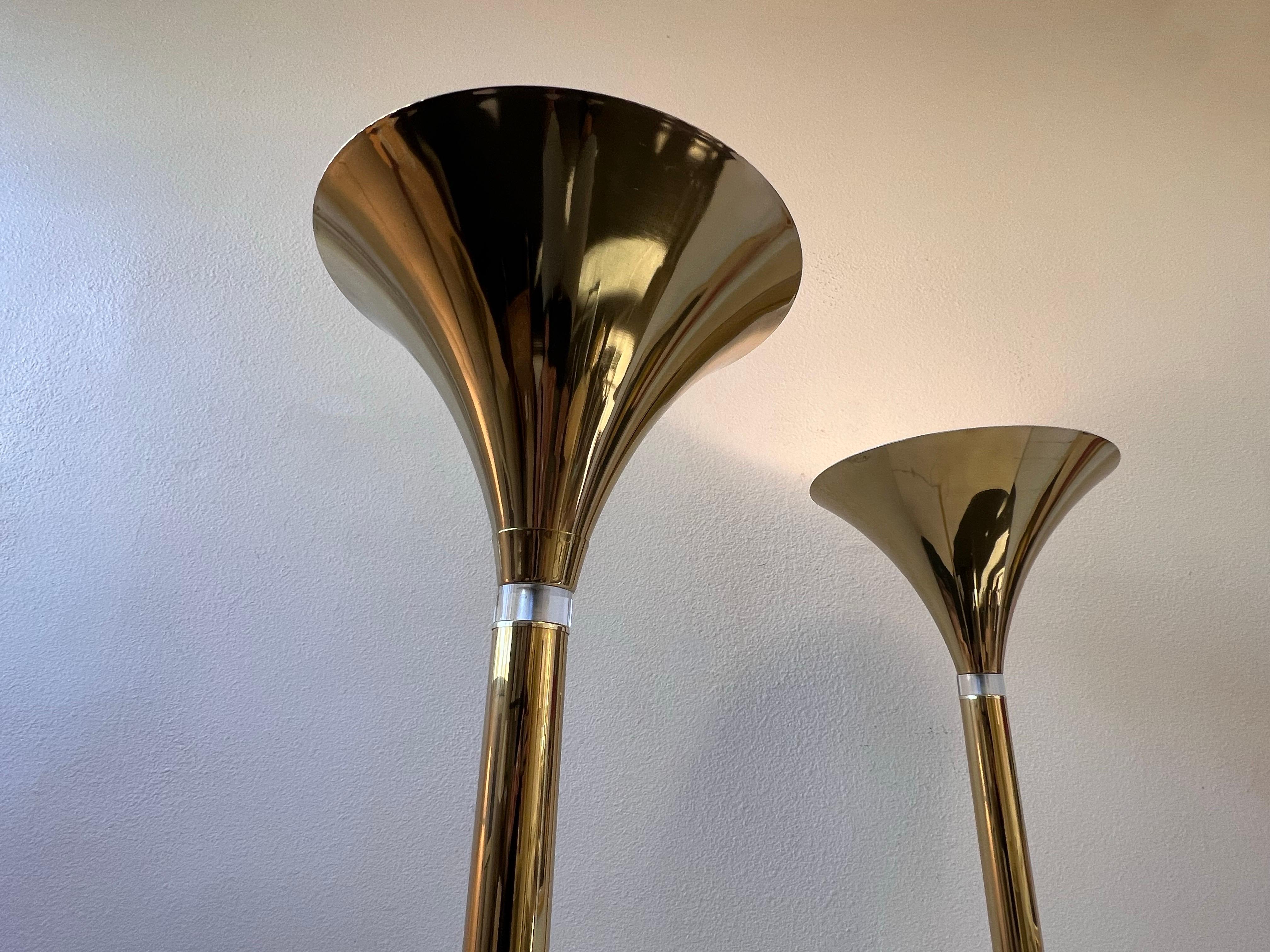Pair of Brass and Lucite Torchieres Floor Lamps   In Good Condition For Sale In Palm Springs, CA