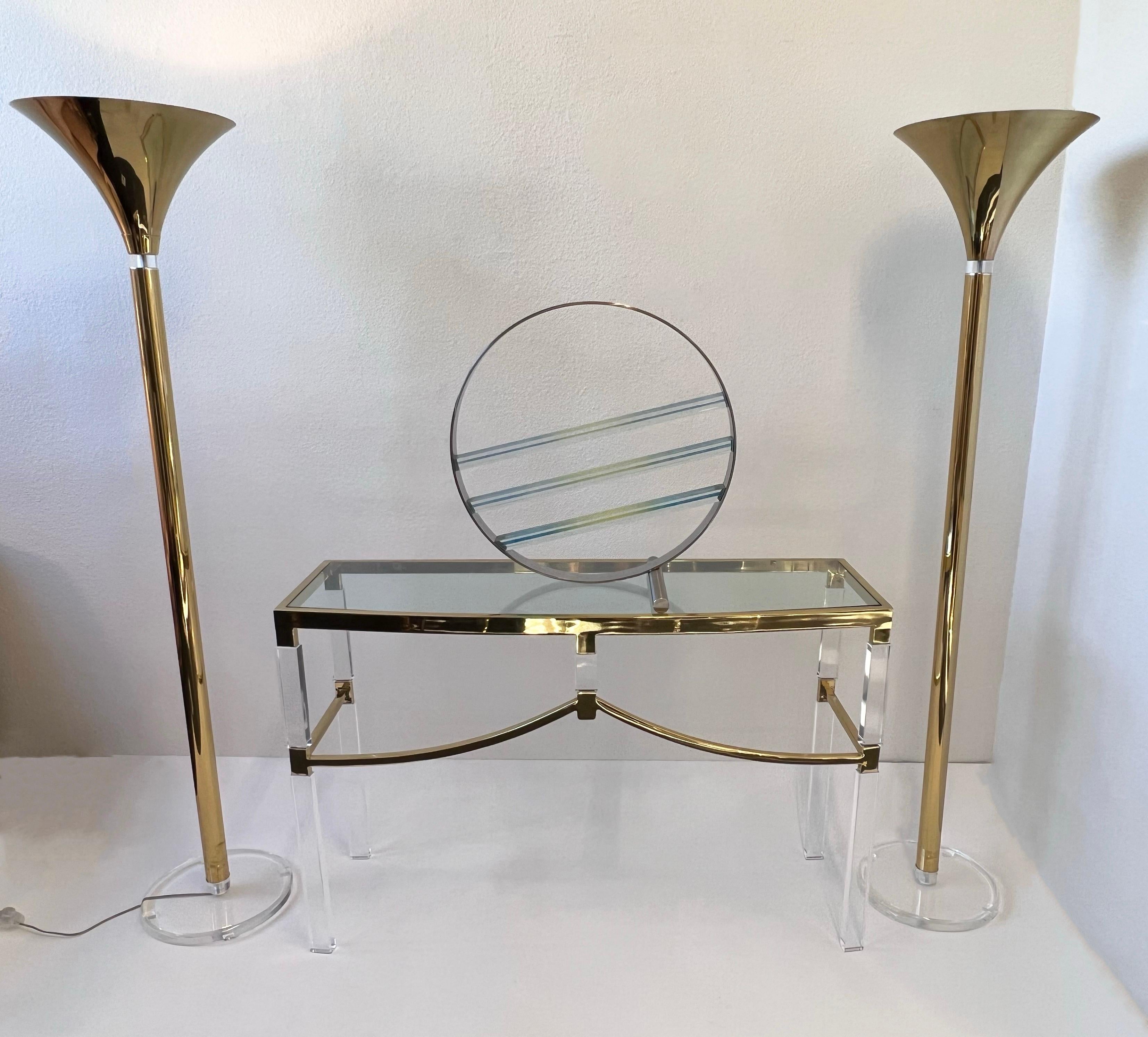 Pair of Brass and Lucite Torchieres Floor Lamps   For Sale 2