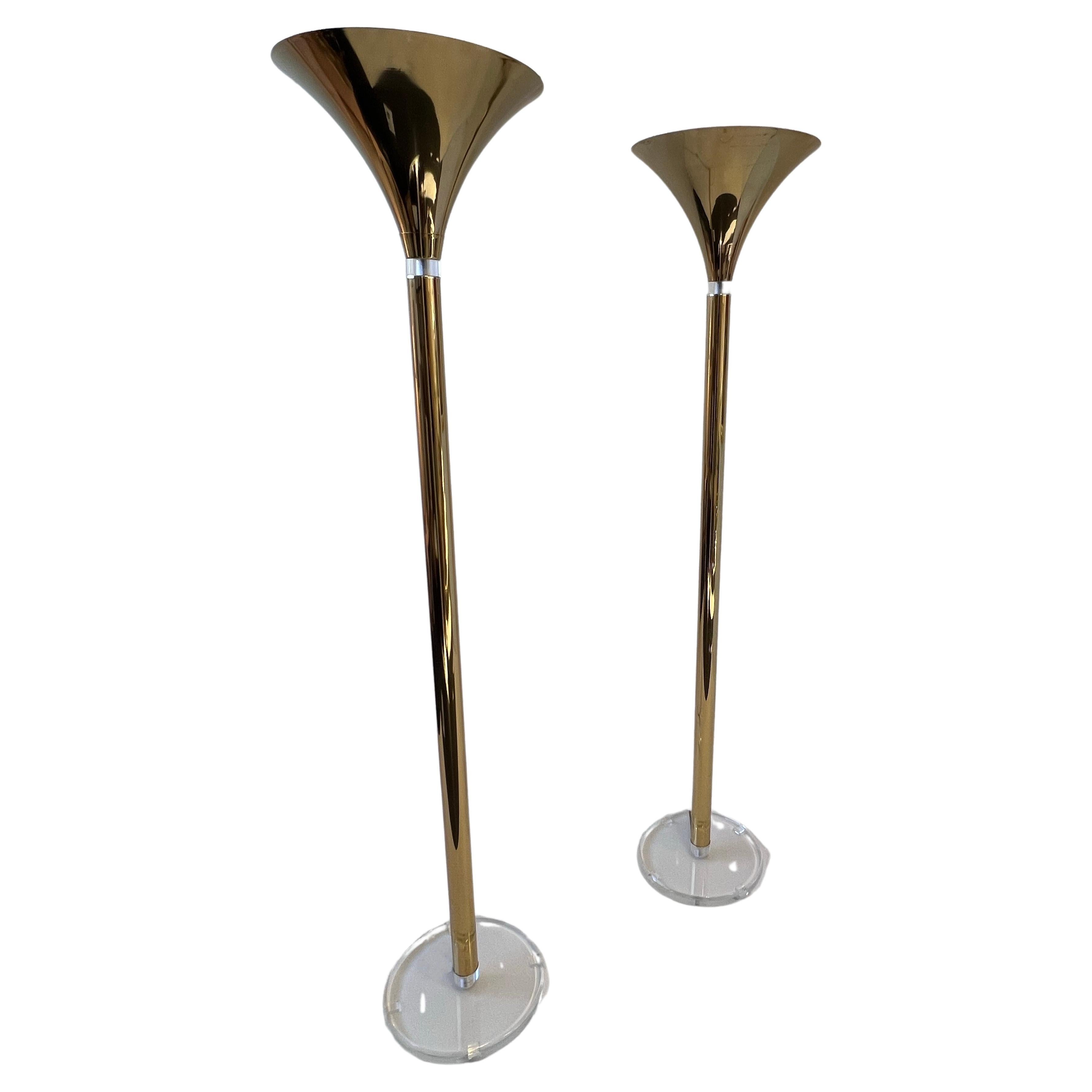 Pair of Brass and Lucite Torchieres Floor Lamps   For Sale