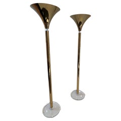 Retro Pair of Brass and Lucite Torchieres Floor Lamps  