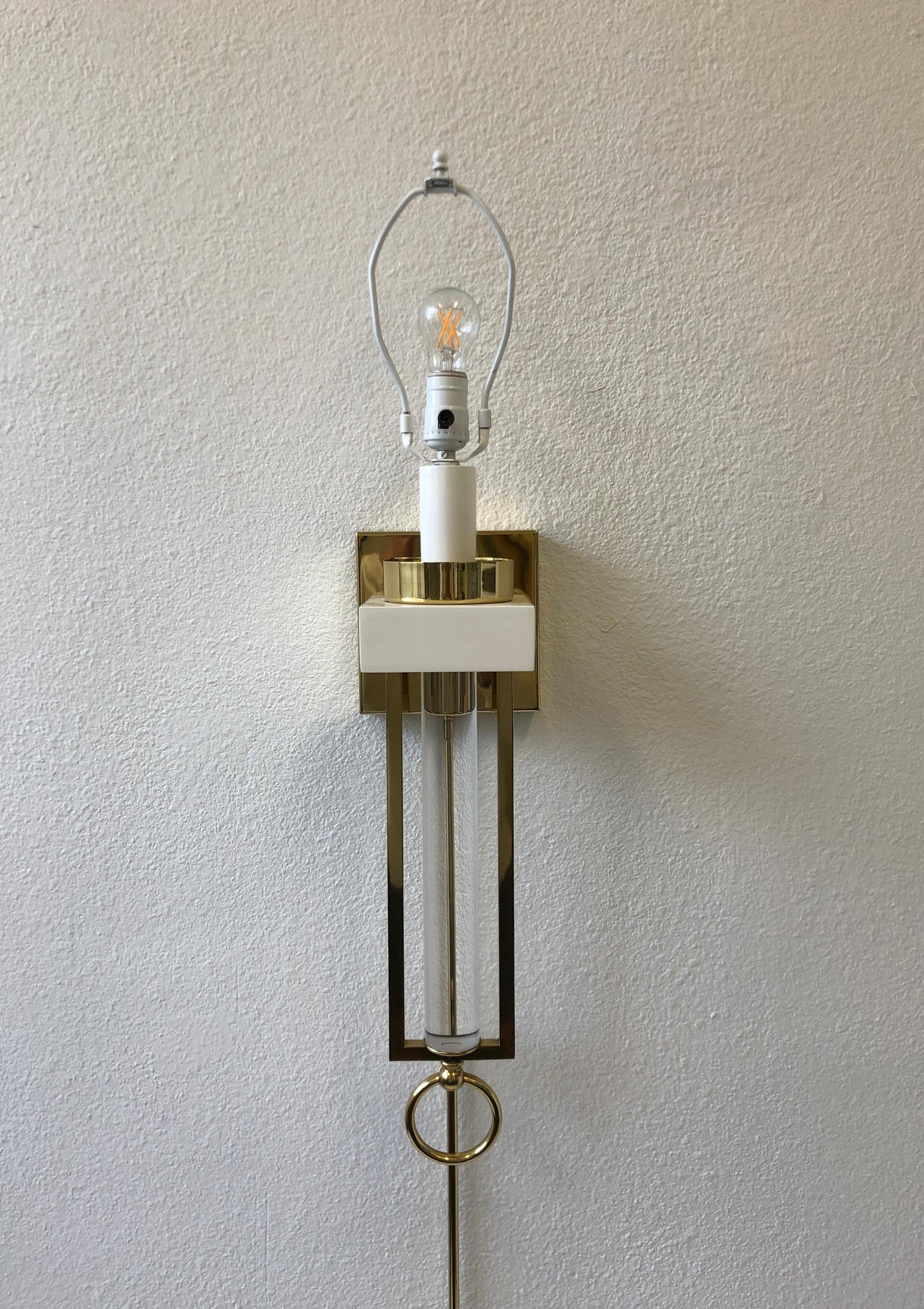 Pair of Brass and Lucite Wall Sconces For Sale 1