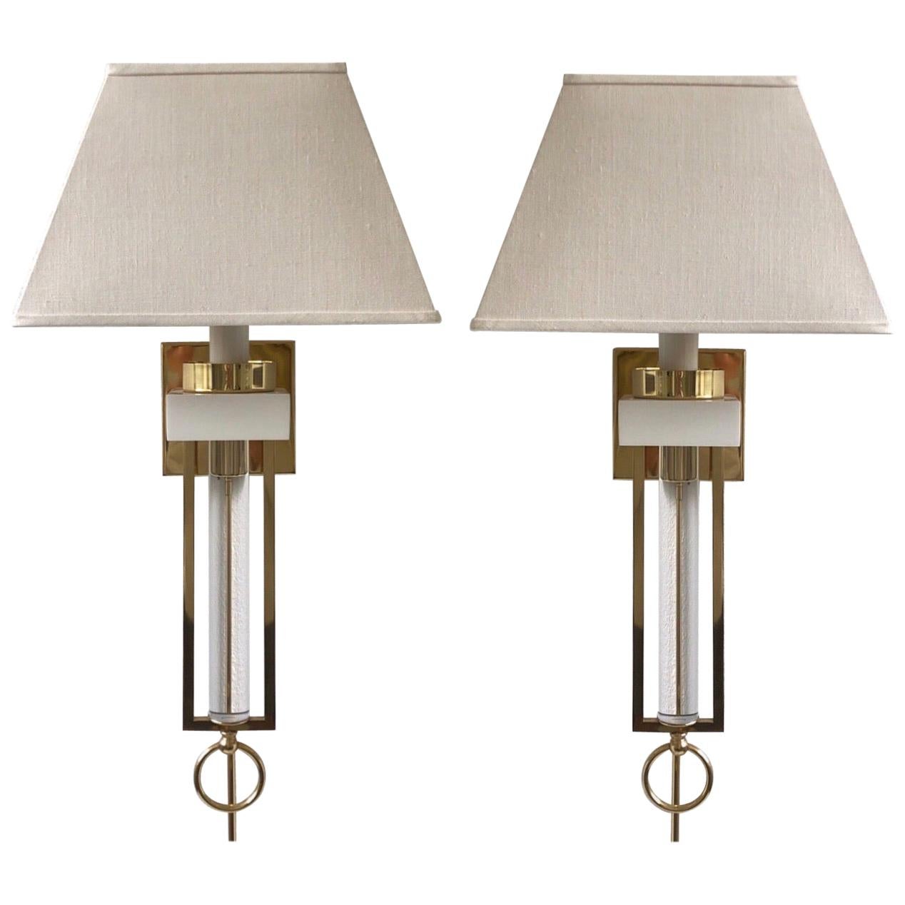 Pair of Brass and Lucite Wall Sconces For Sale