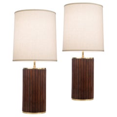 Pair of Brass and Mahogany Cylindrical Lamps