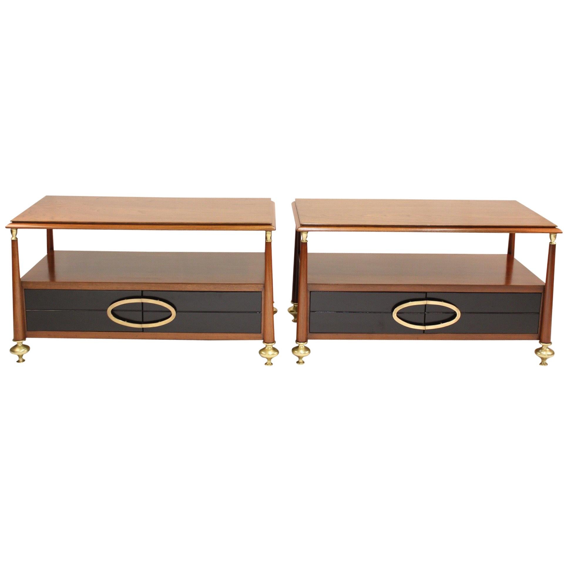 Pair of Brass and Mahogany Nightstands