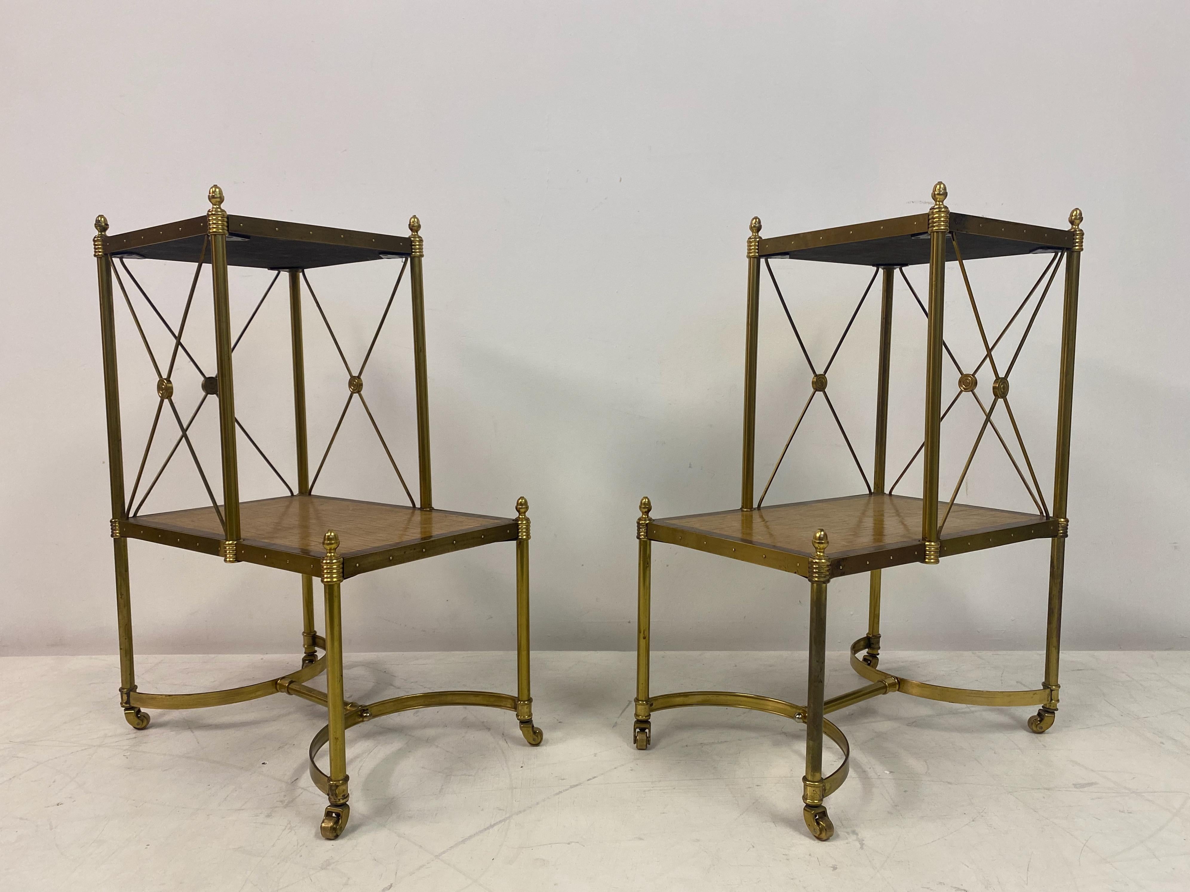 Pair of etagere side tables

Two tier

Brass frame

X supports

Maple tops 

Mid to late 20th century.
