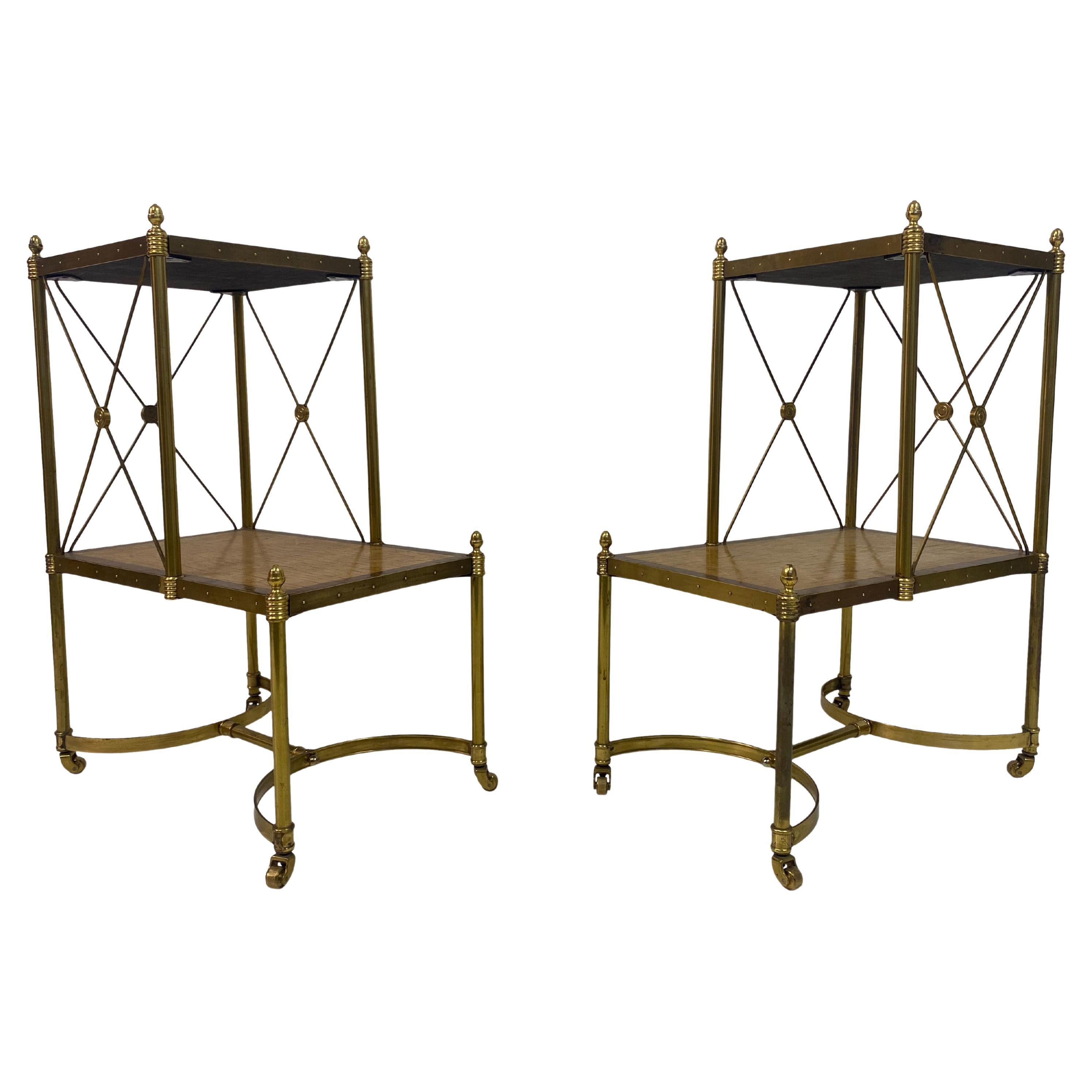 Pair of Brass and Maple Etagere Side Tables For Sale
