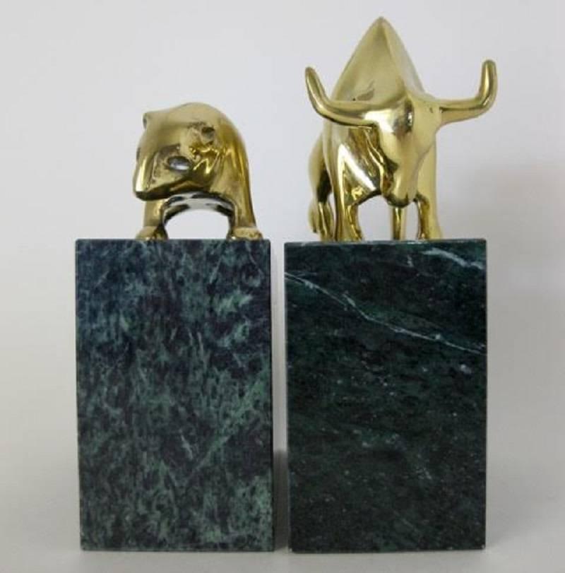 Italian Pair of Brass and Marble Bull and Bear Bookends