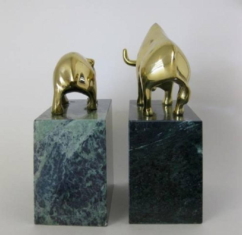 Pair of Brass and Marble Bull and Bear Bookends In Excellent Condition In Sacramento, CA