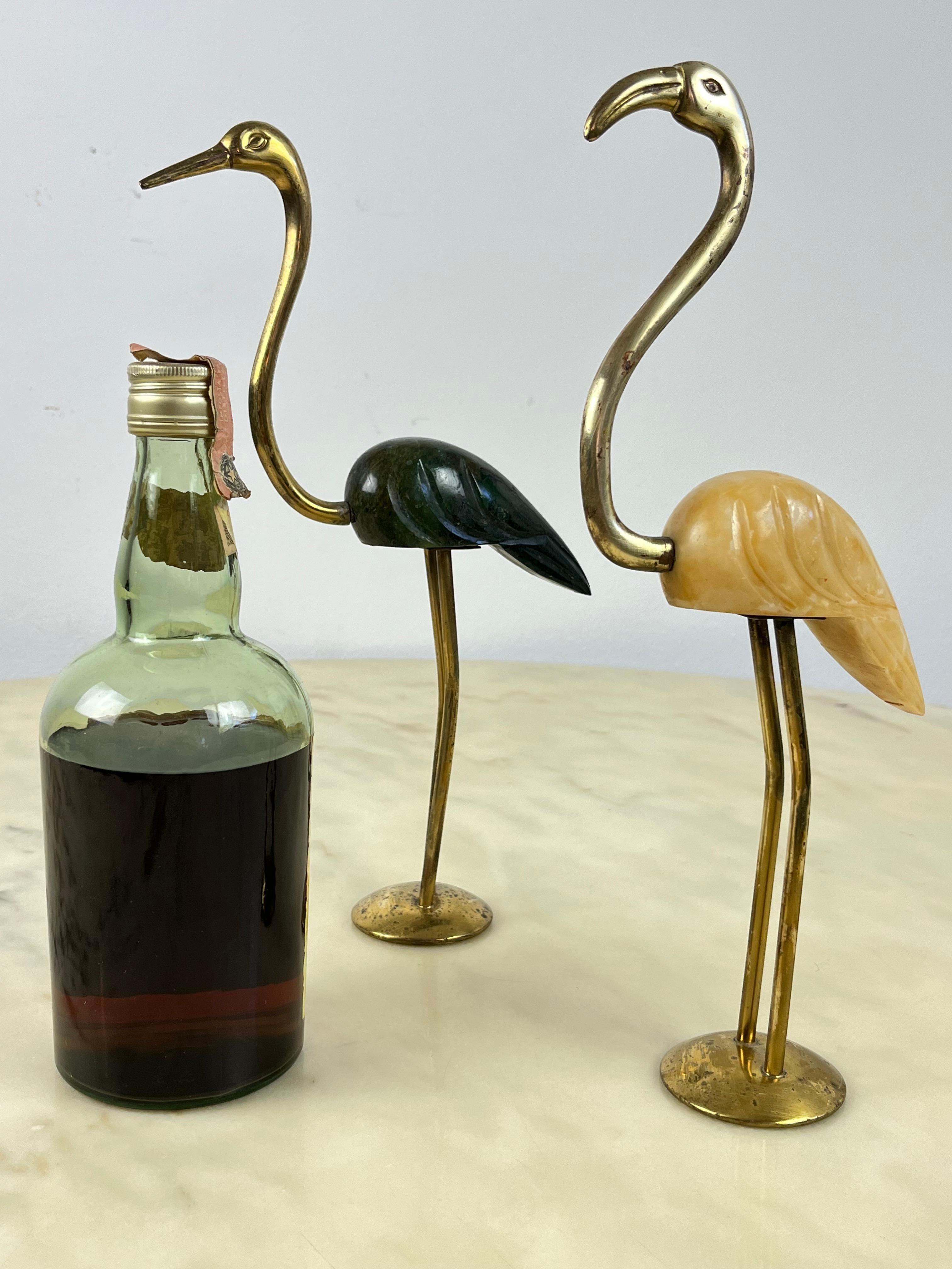 Italian Pair of Brass and Marble Flamingos, Italy, 1950s For Sale