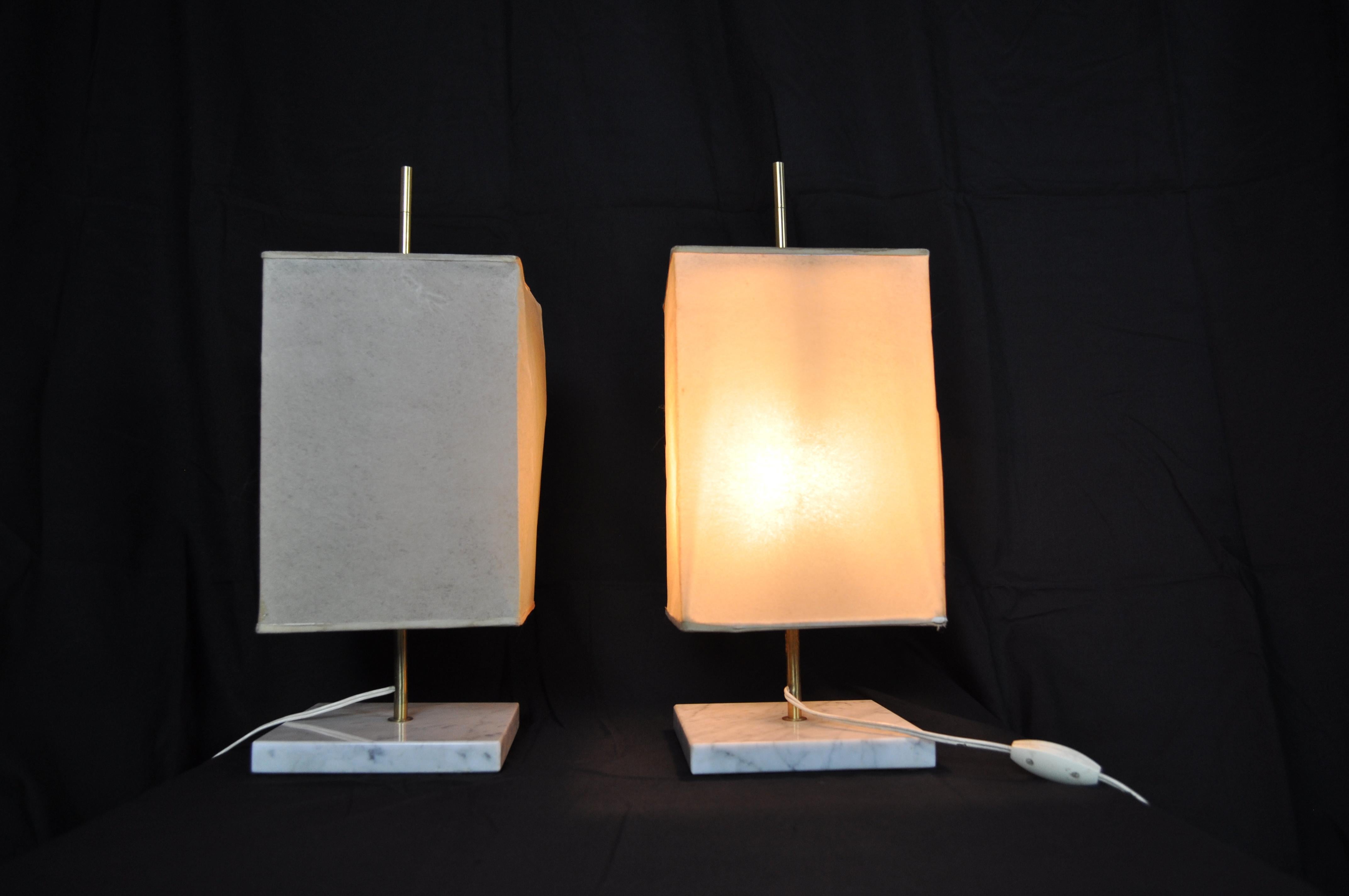 French Pair of Brass and Marble Lamp by Jacques Charpentier For Sale