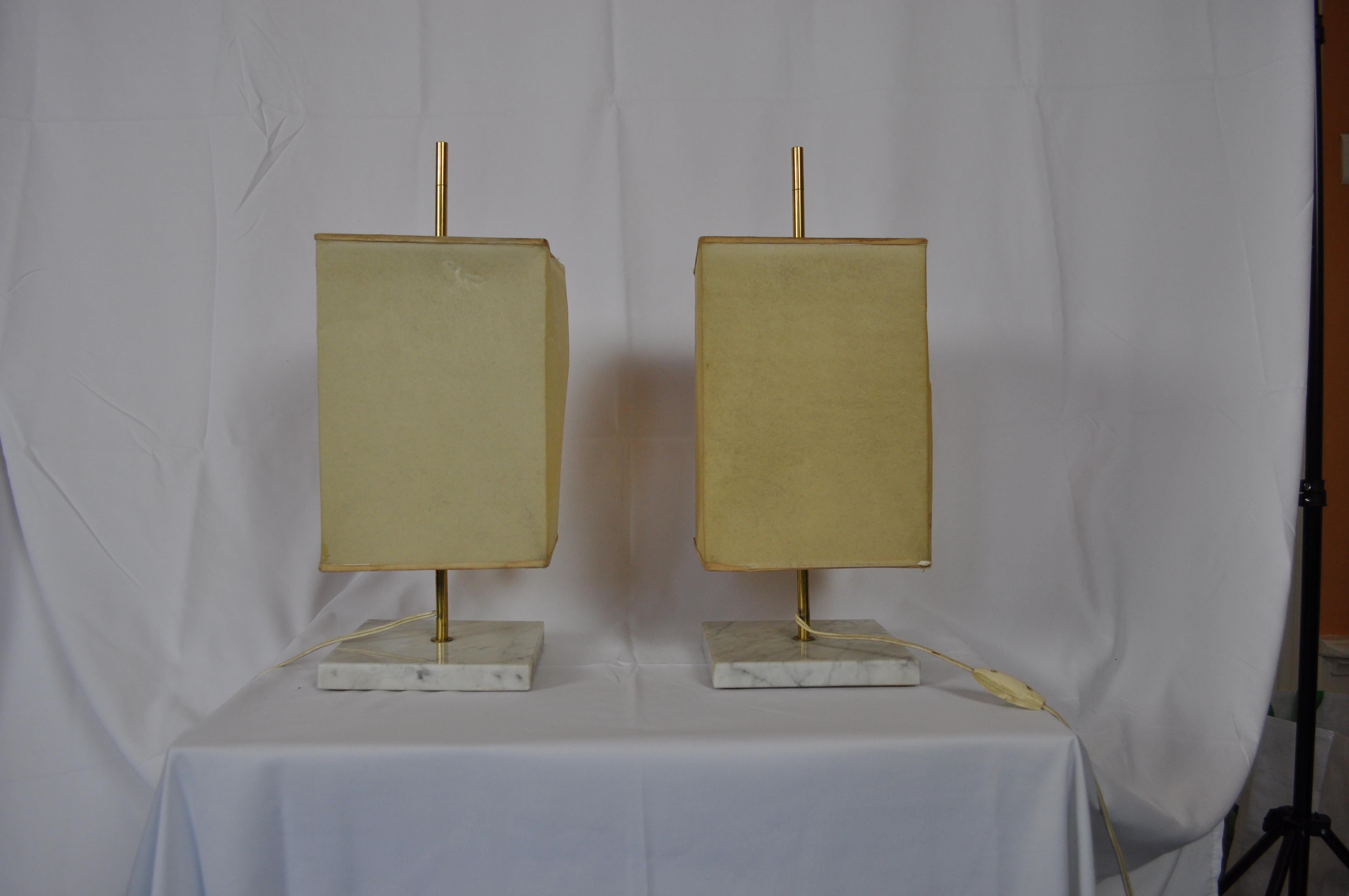 Pair of Brass and Marble Lamp by Jacques Charpentier In Fair Condition For Sale In Paris, FR