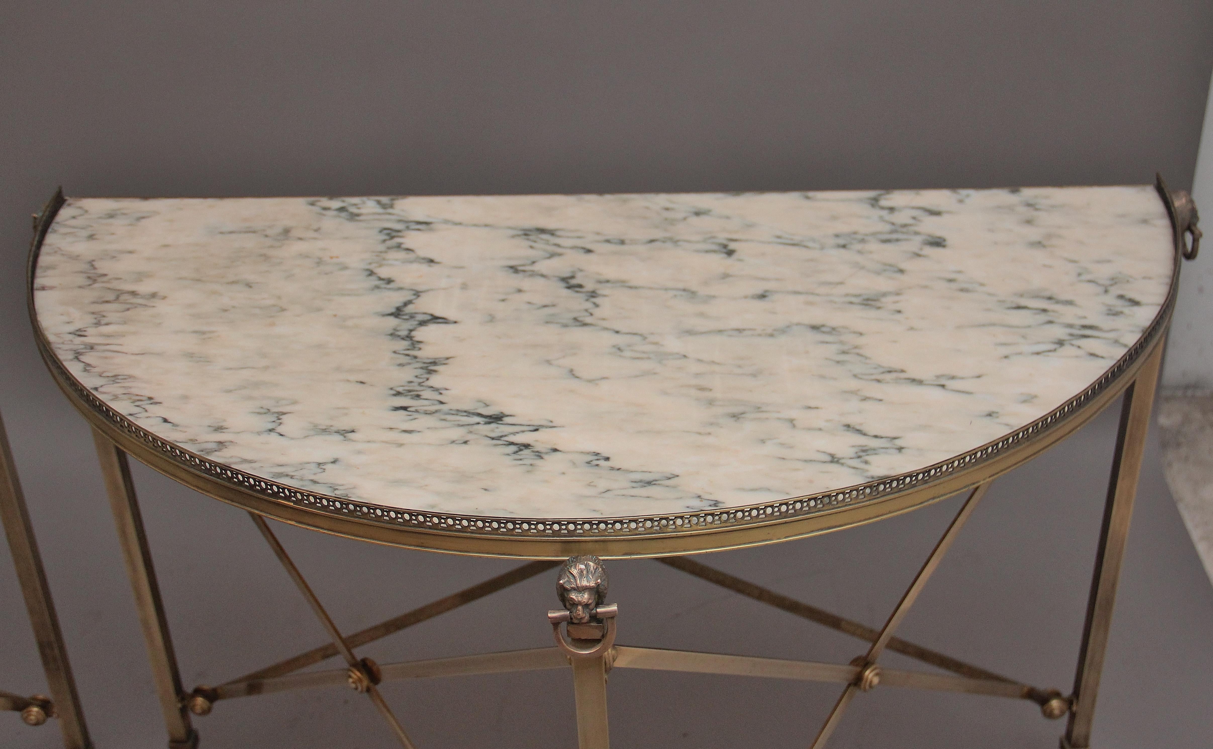 Georgian Pair of brass and marble top console tables For Sale