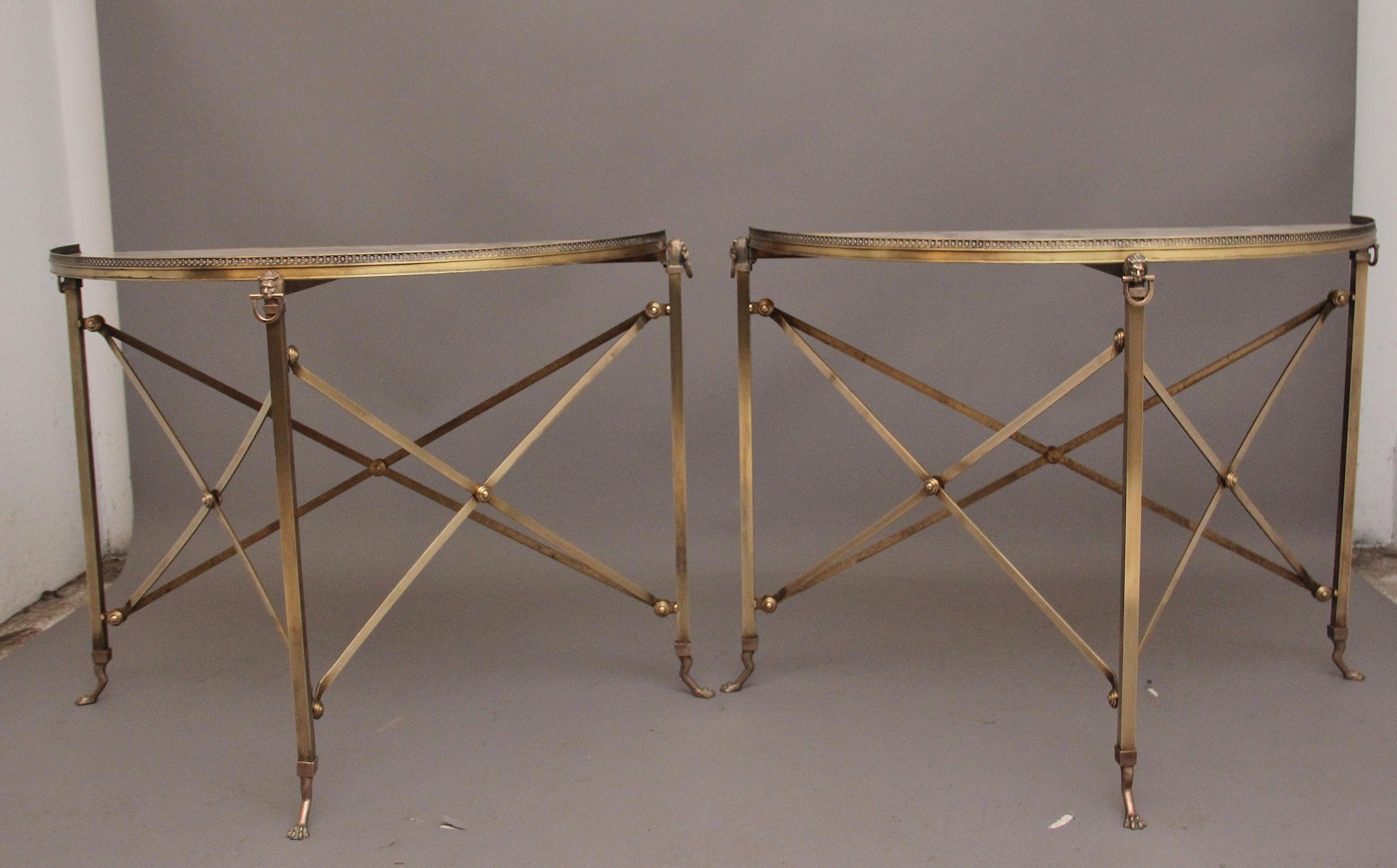 French Pair of brass and marble top console tables For Sale