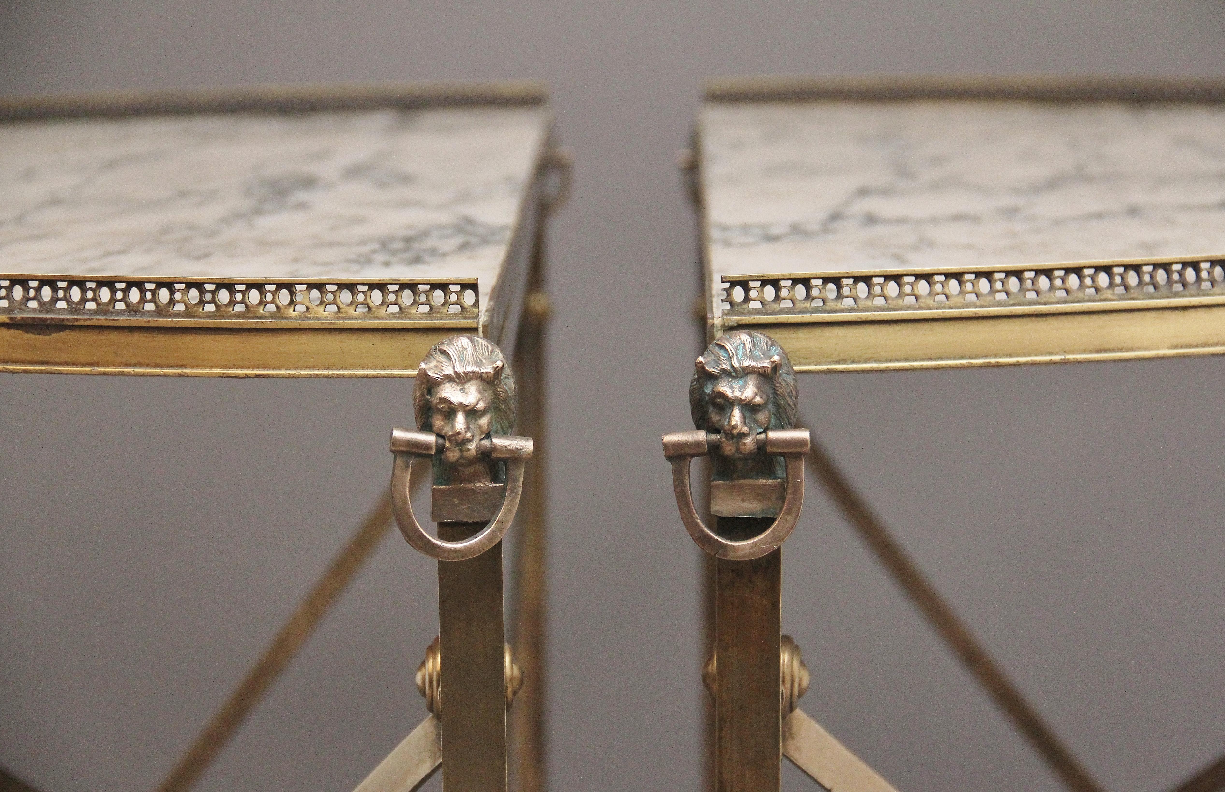 Mid-20th Century Pair of brass and marble top console tables For Sale