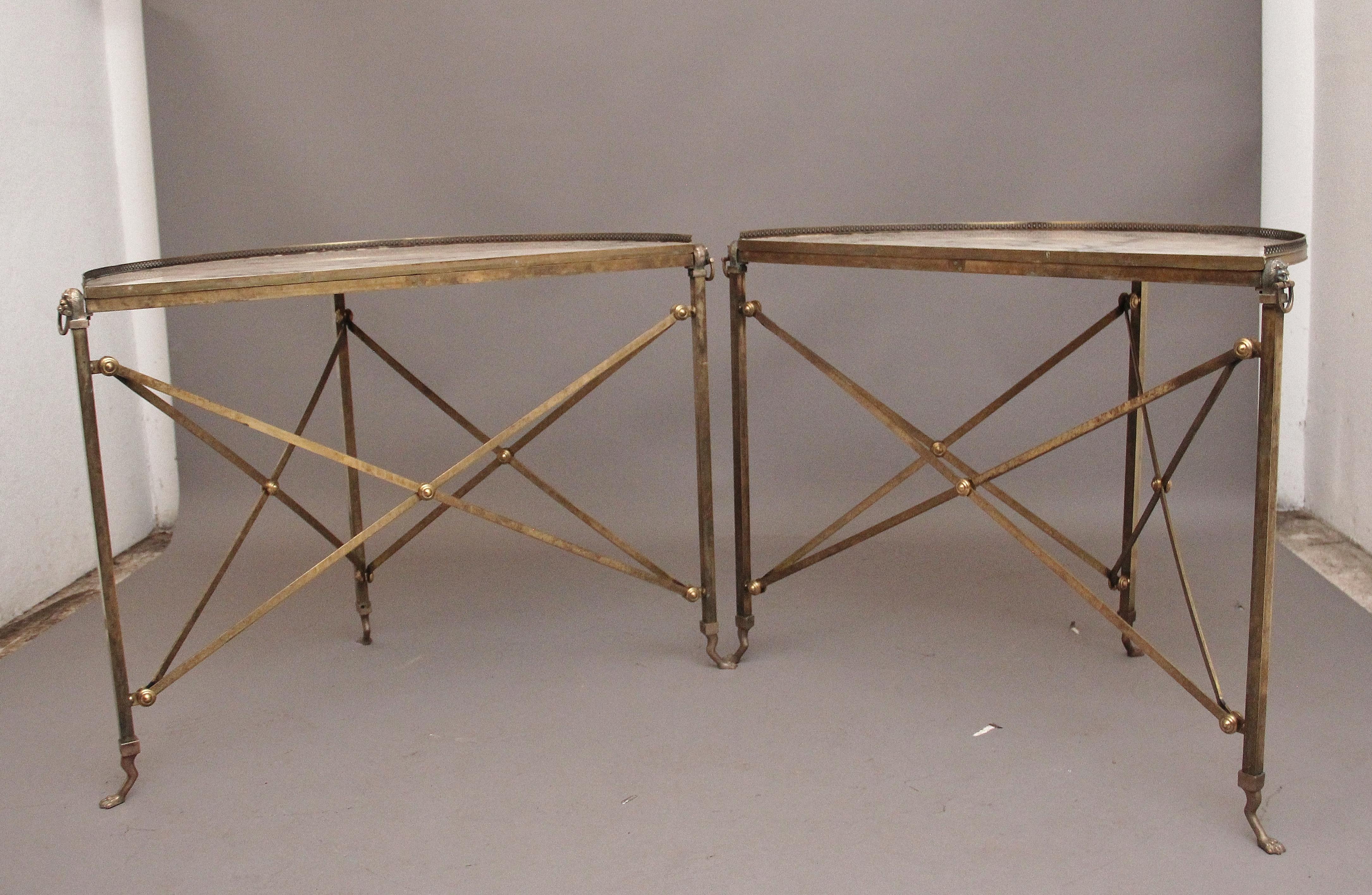 Brass Pair of brass and marble top console tables For Sale