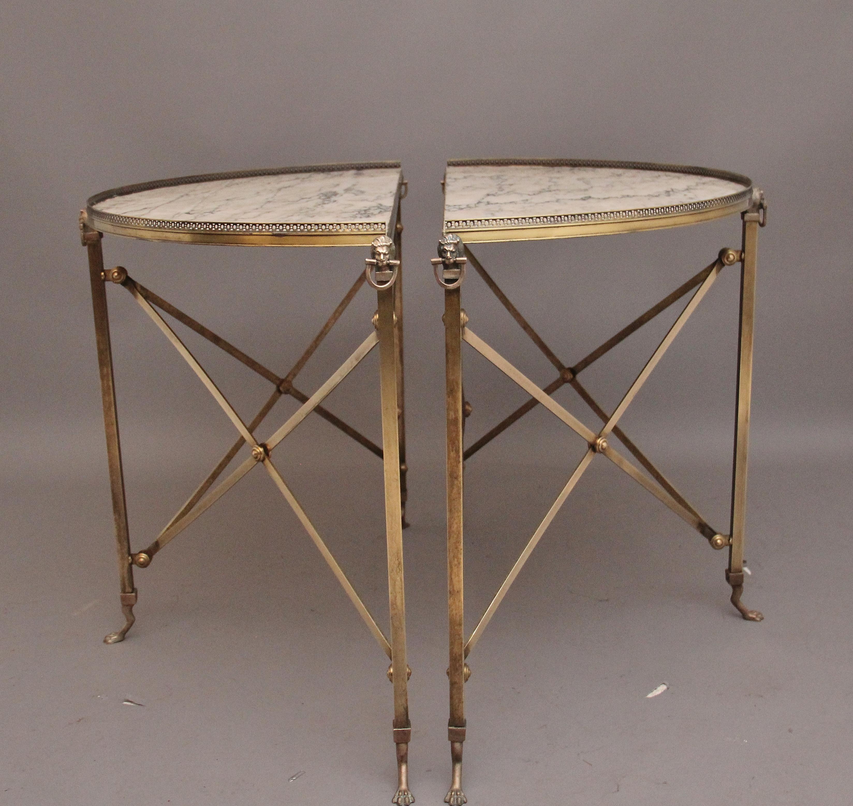 Pair of brass and marble top console tables For Sale 1