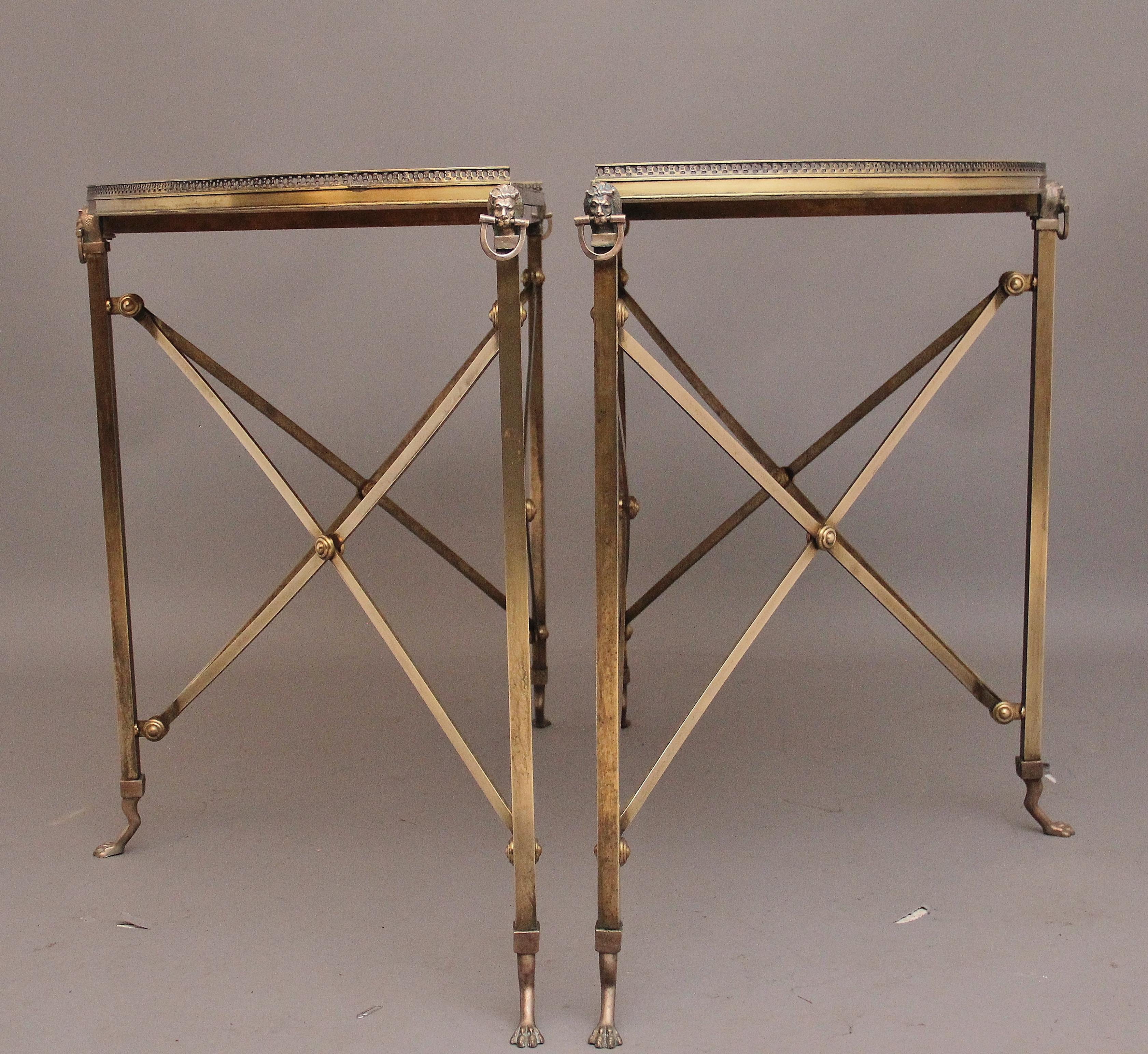 Pair of brass and marble top console tables For Sale 2