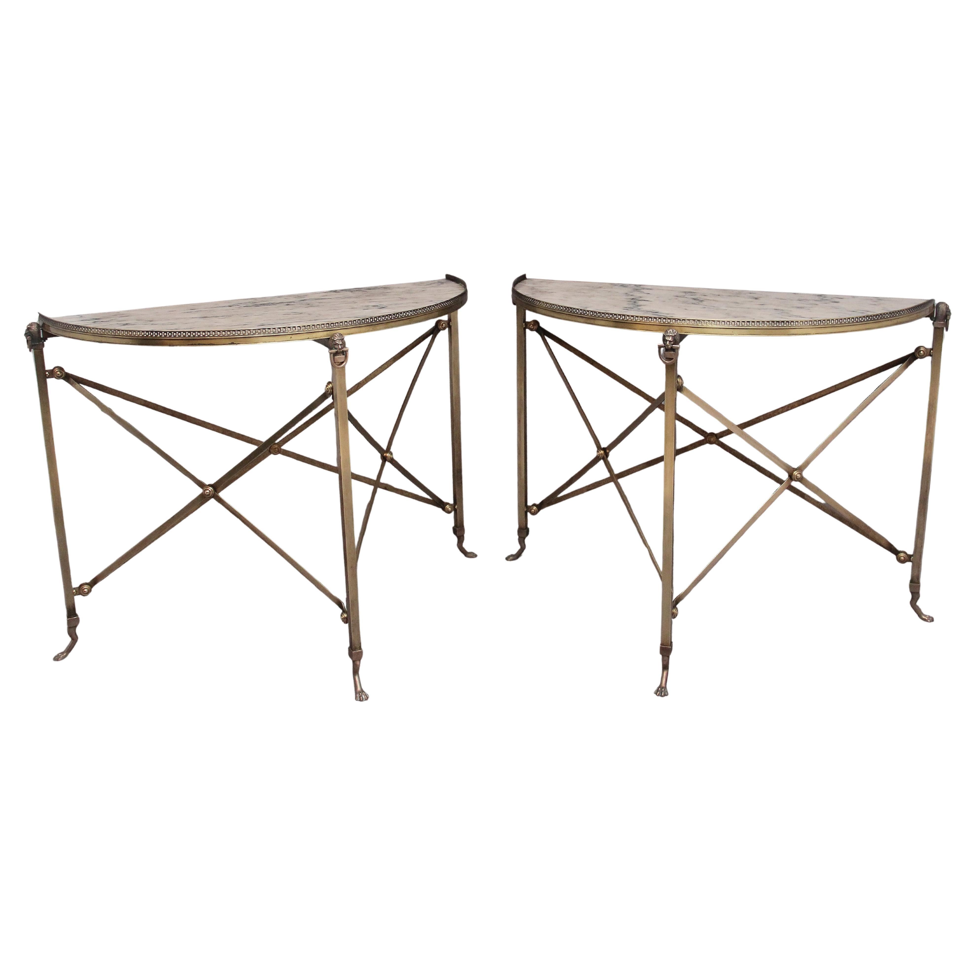 Pair of brass and marble top console tables
