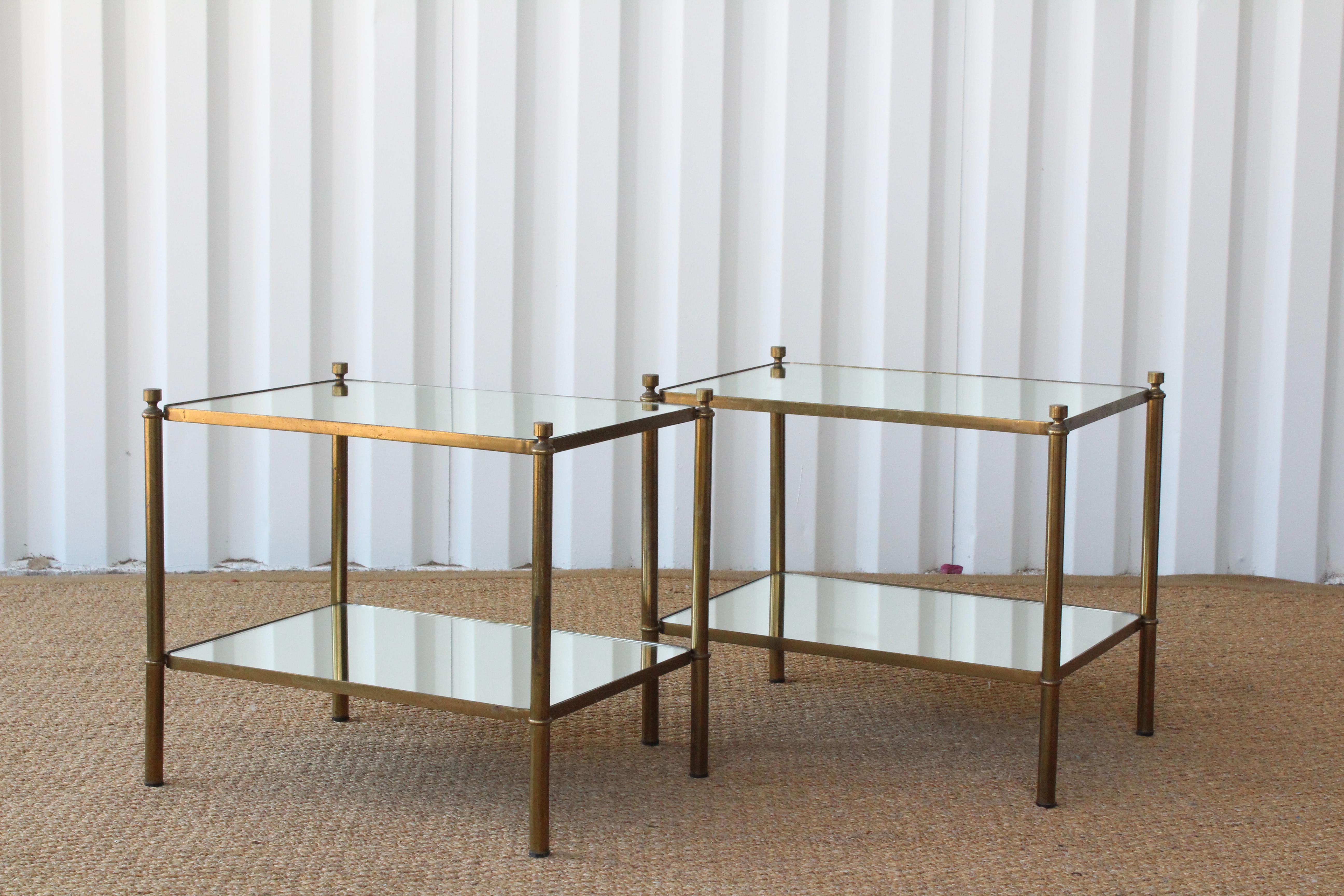 Adam Style Pair of Brass and Mirror End Tables, France, 1950s
