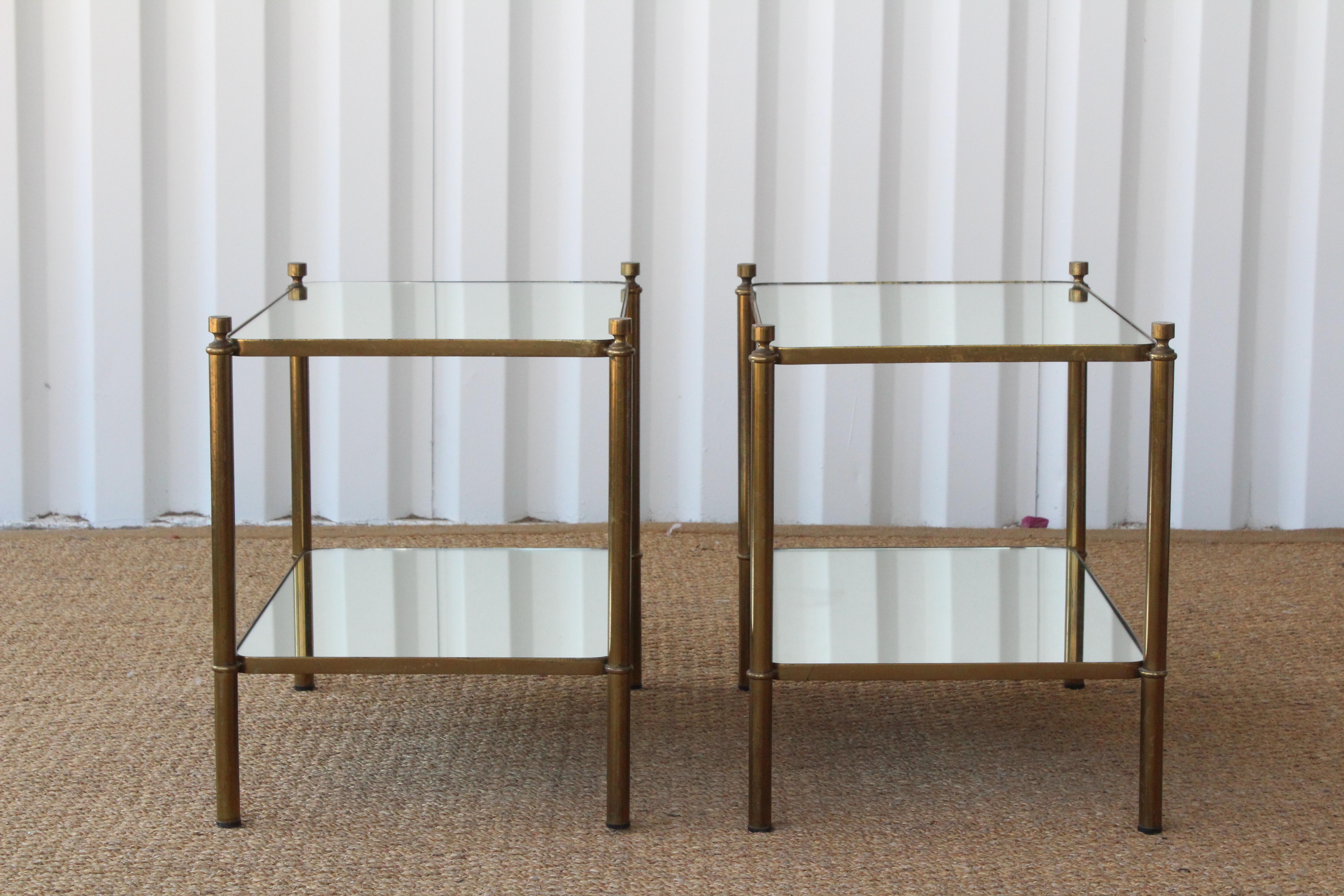 French Pair of Brass and Mirror End Tables, France, 1950s