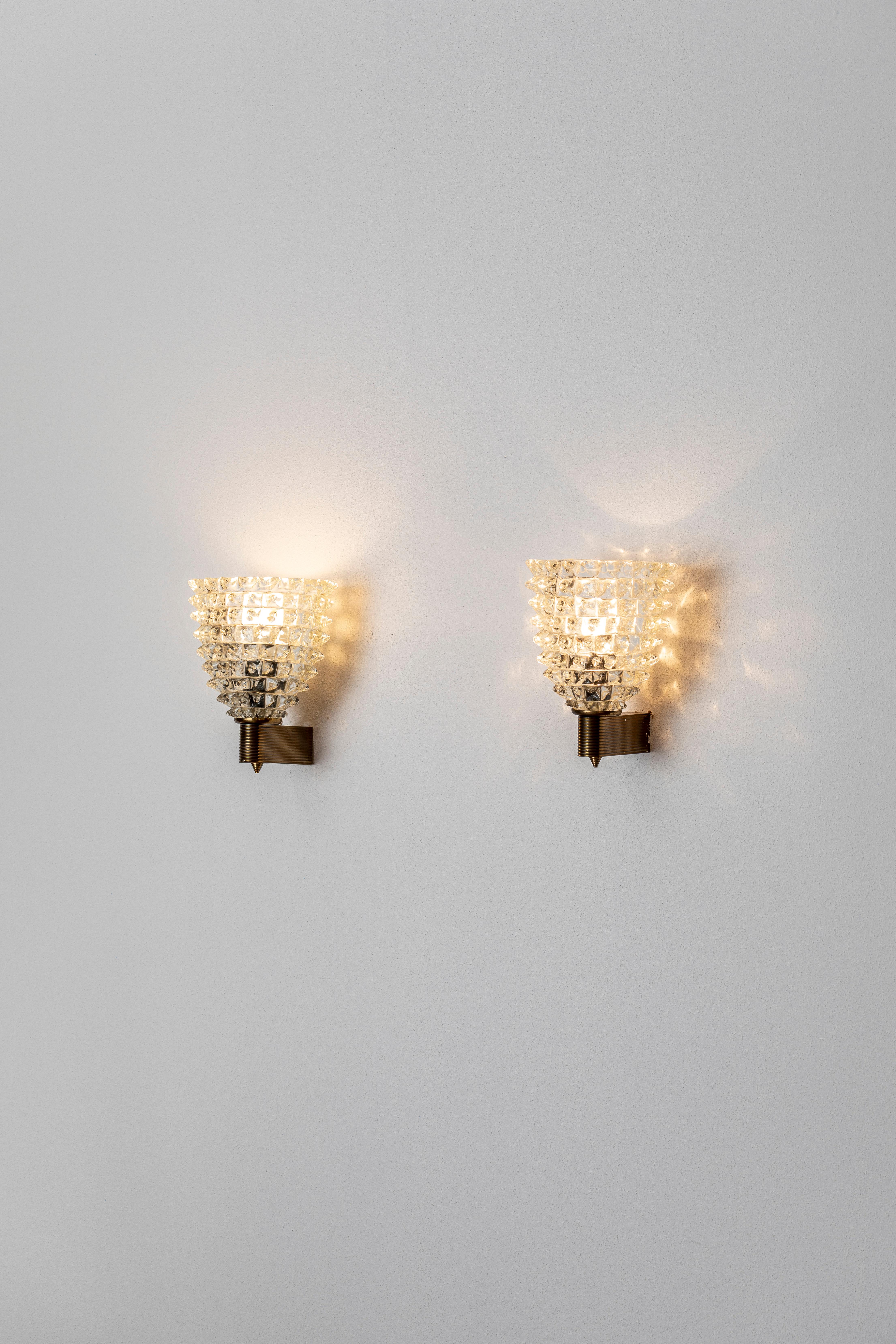 Pair of Brass and Murano Glass Barovier e Toso Sconces, c. 1950 5