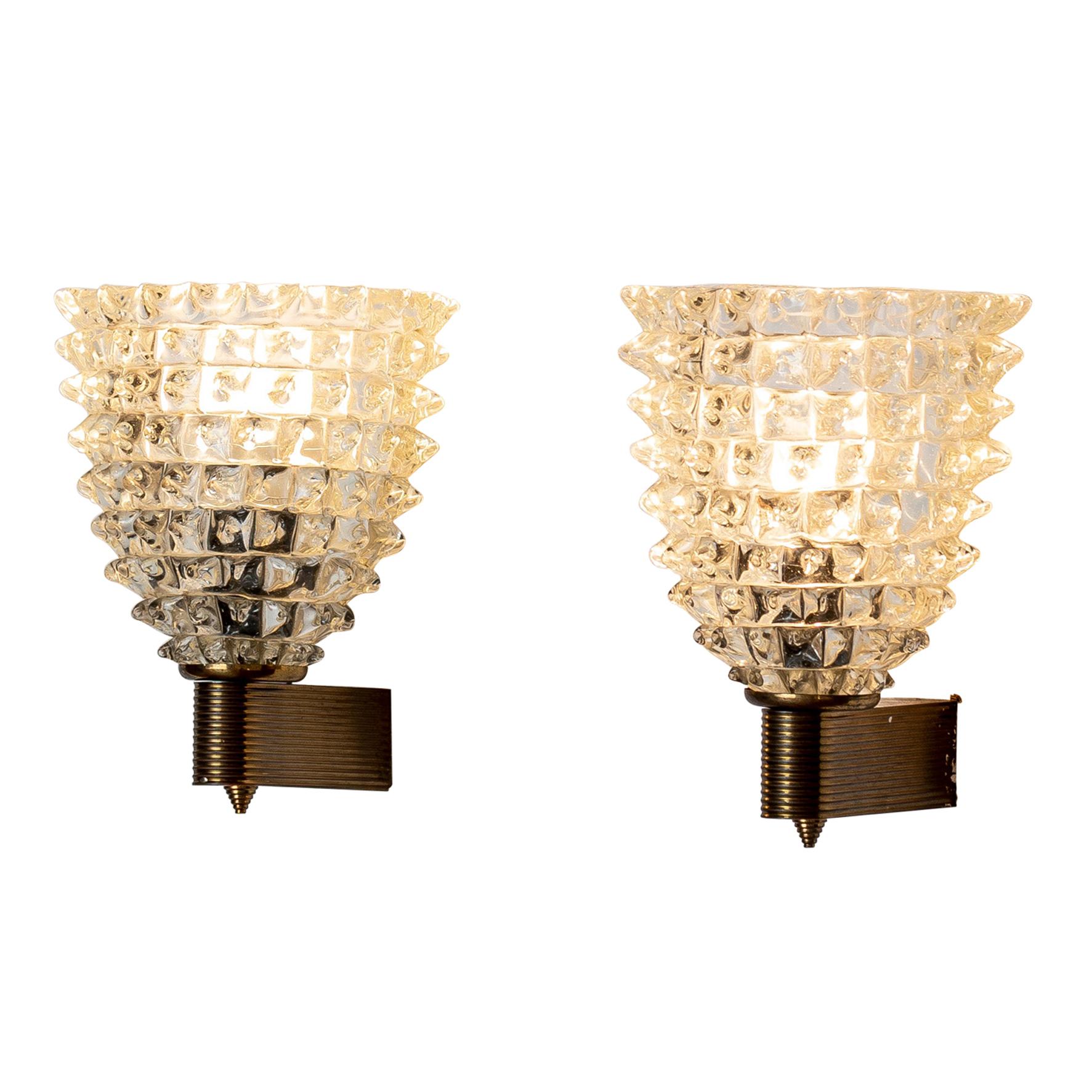 Pair of Brass and Murano Glass Barovier e Toso Sconces, c. 1950